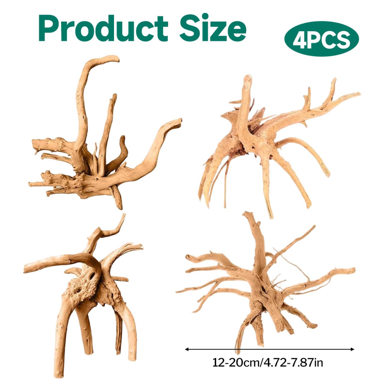 4 sztuki korzeni do akwarium, drewno dryfujące, dekoracja 12-20 cm, drewno korzeniowe, losowy kształt, drewniany pień dekoracyjny do akwariów i terrarium, dekoracja drewniana