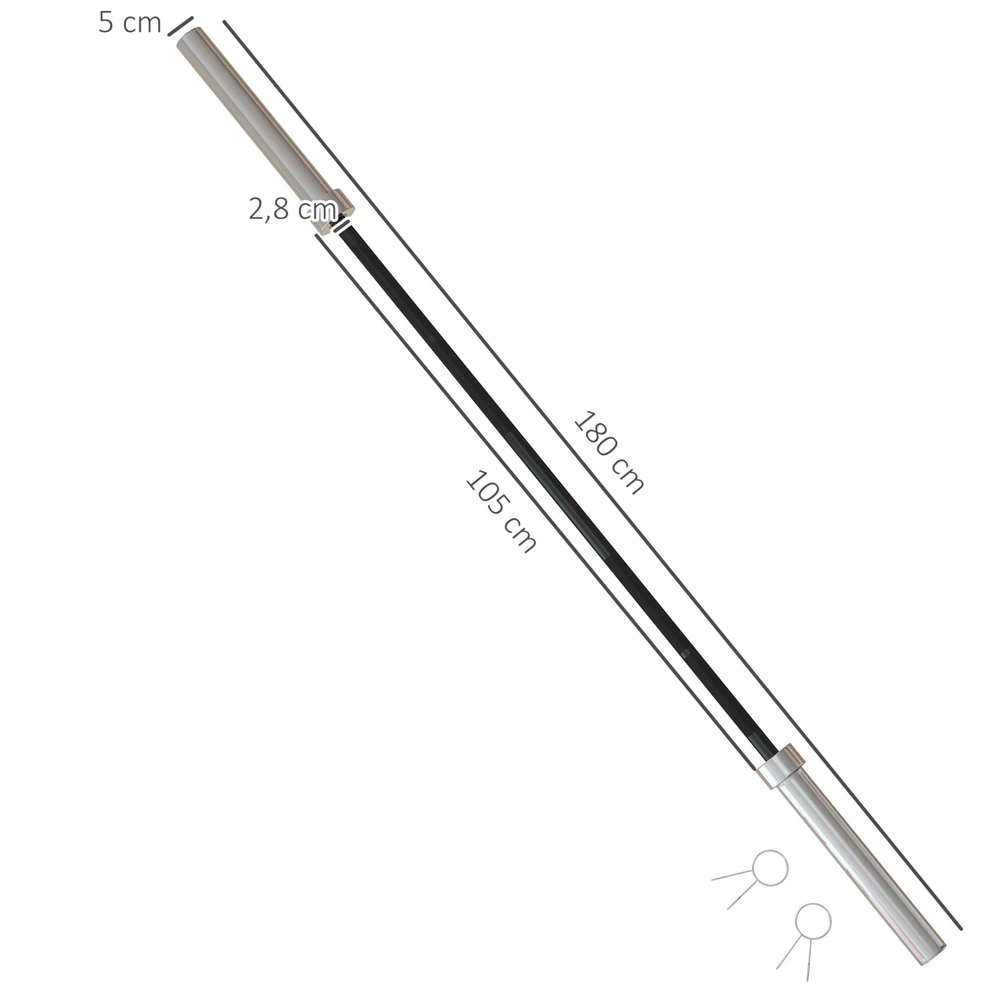SPORTNOW Barre d'haltères 15 kg en acier 180 cm Ø50 mm avec 2 pinces Charge 200 kg Barre de musculation pour disques Ø5 cm Fitness Training