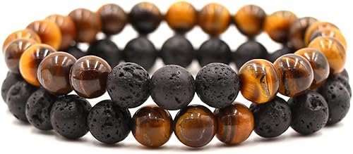 Caiyao 2 cuentas de piedra volcánica de lava mate, pulsera elástica apilable, difusor de aceite esencial, semilla de ojo de tigre, pulsera de yoga