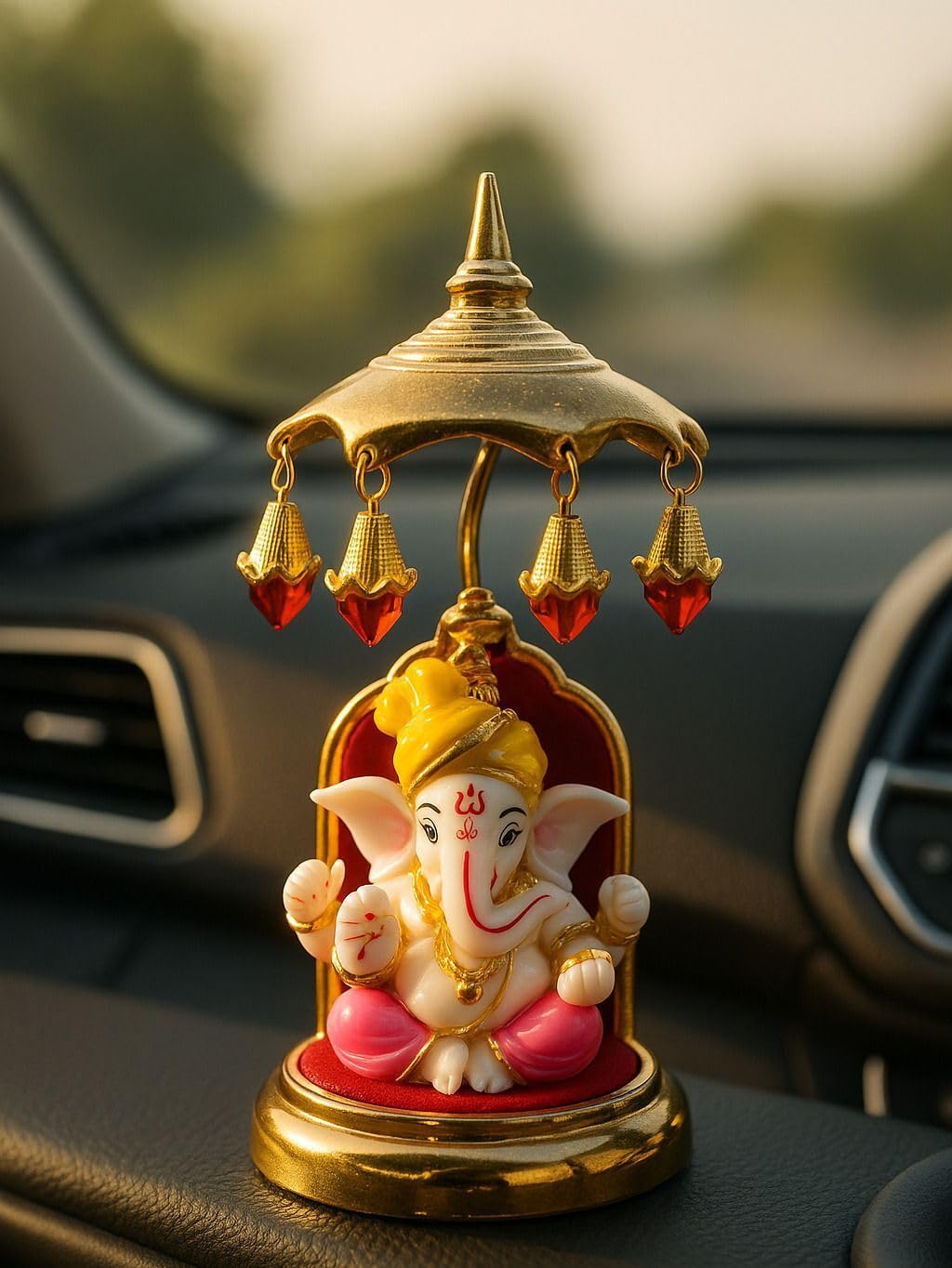 Decorative Multicolor Stone Work Singhasan with Pagri Ganesh Ji Murti, Chhatra/Umbrella for God, Singhasan for Small Idol Suitable for Home, Temple & Car Dashboard-(6 Inches), Idol-image-4