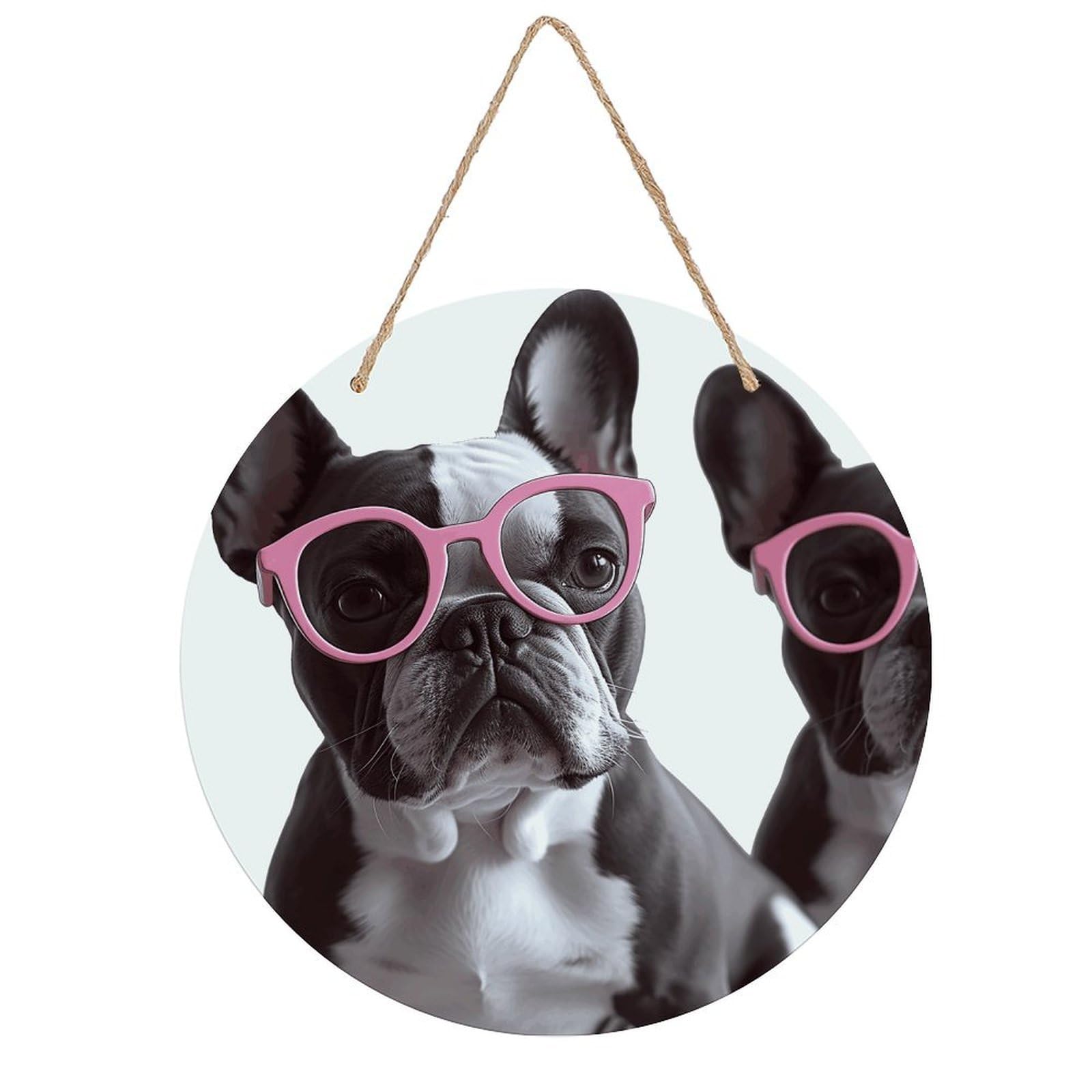 VstaDank French Bulldog Pink Glasses Wall Art Decor with Ropes Wooden Hanging Sign Hanging Wall Decor Artwork Round Wood Painting Modern Wall Prints Decor Picture for Office Bar Home Decors
