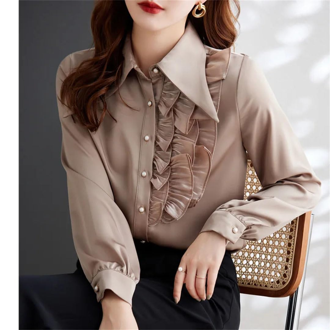 Camisa de manga larga para mujer, blusas formales de gasa para oficina y trabajo, caqui, XXL
