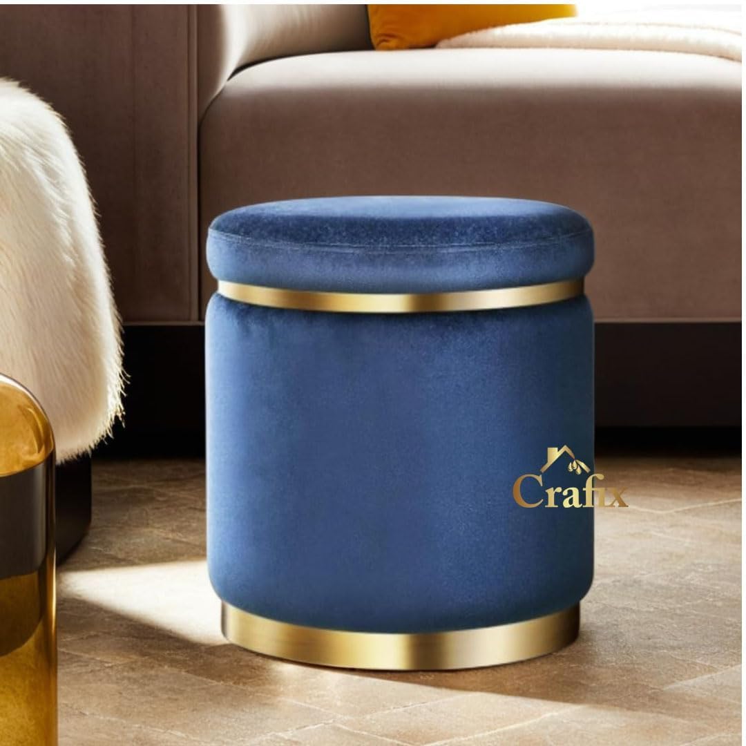 Velvet Puffy Ottoman Stool, Round Footrest with Diamond Quilting and Gold Base, Grey, for Living Room, Bedroom and Dressing Area Grey (Blue)-image-2