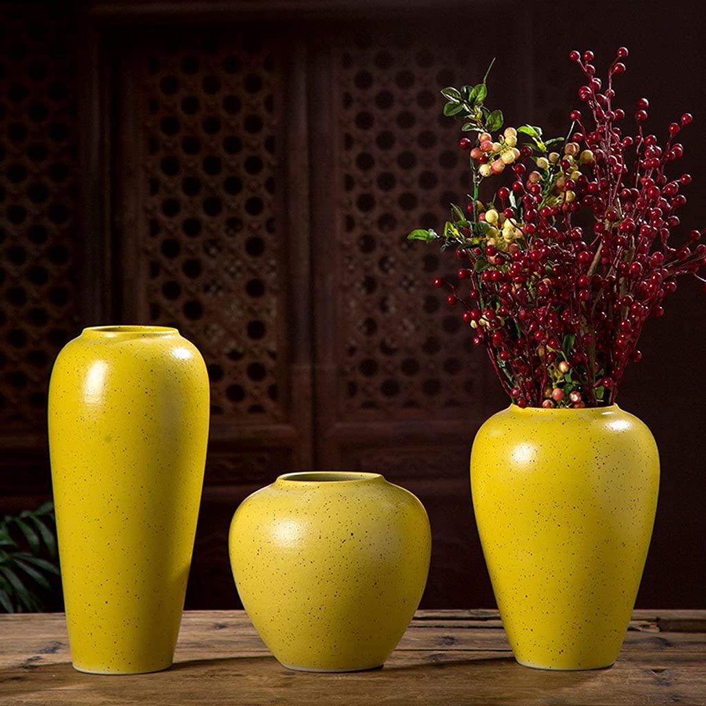 Vaso Vaso in ceramica gialla Cultura dell'acqua Fiore Dispositivo Retro Nuovo stile cinese Tinta unita Soggiorno Comodino Vaso Set tre pezzi Morbido Vaso In Ceramica(B)