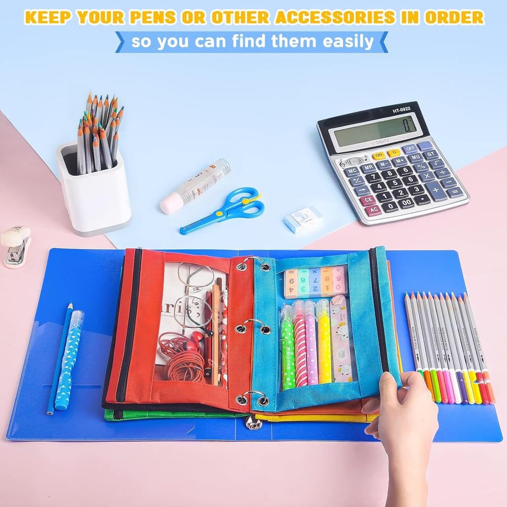 Estuche para lápices para carpetas de 3 anillos, 30 estuches para lápices a granel, 6 colores diferentes, estuche con cremallera de 3 agujeros, suministros de oficina