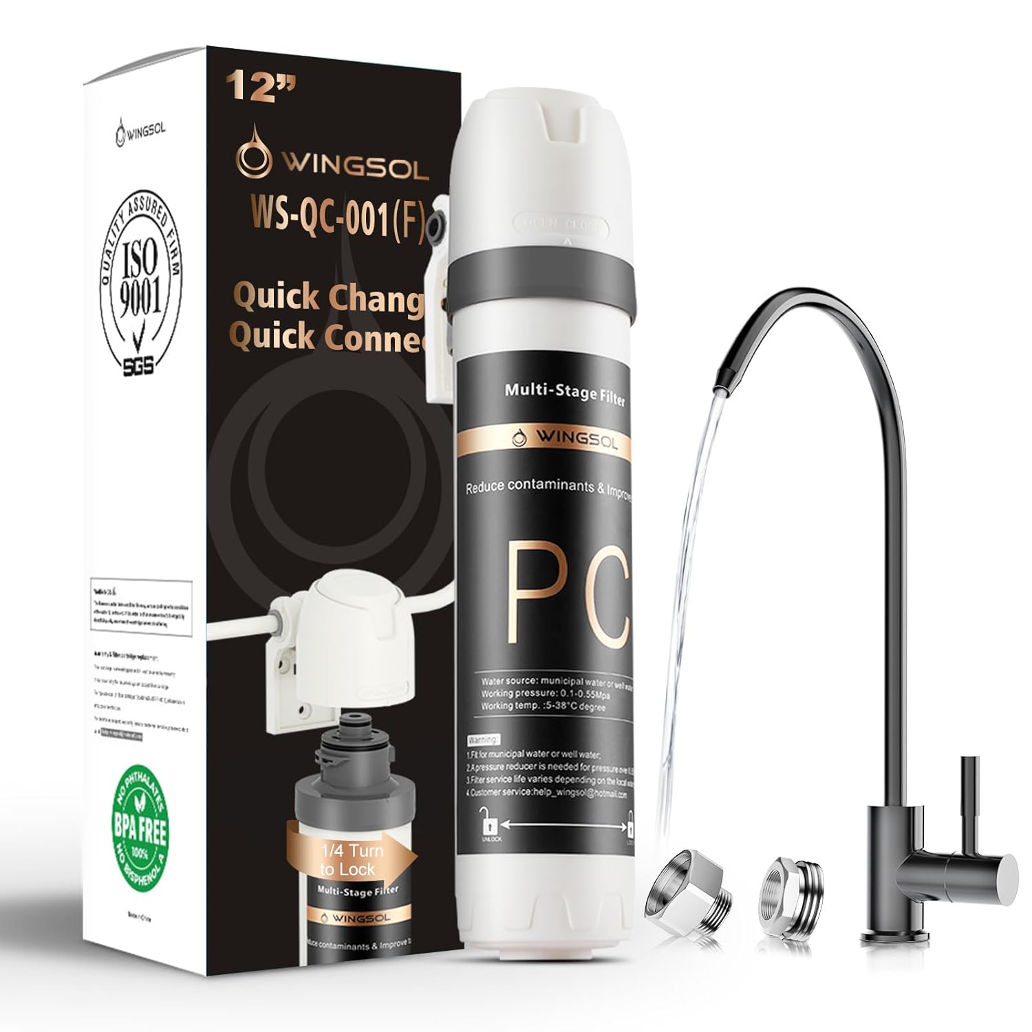 WINGSOL Under Sink Water Filter System with Black Faucet, NSF/ANSI 42&53 Anti-Clogged Pleated Filter Quick Change EZ Install, Reduce PFAS/Lead/Chlorine/Sediment, Long-Lasting Water Purifier