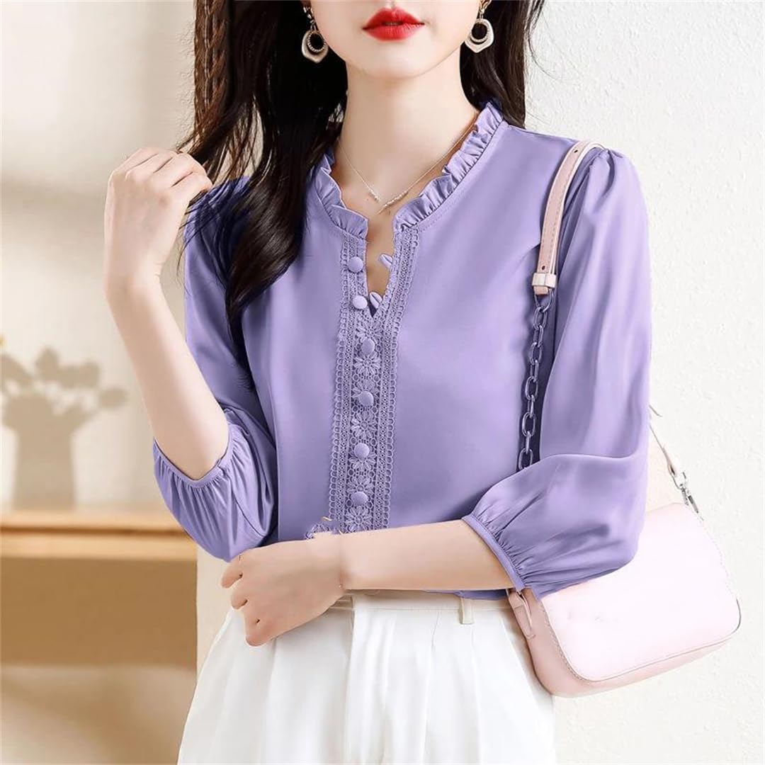 Yeuyyben Camicetta estiva da donna in pizzo patchwork con maniche a 3/4 increspature elegante tinta unita casual top