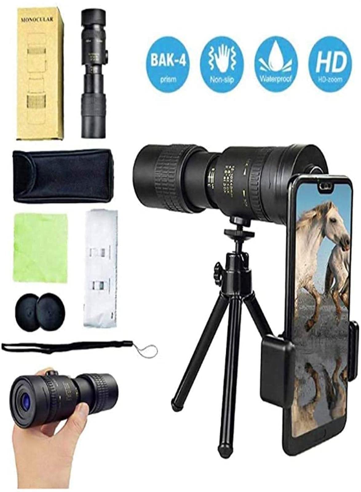 4K 10 300X40Mm Super Telephoto Zoom Monocular Telescope Portable New, Zoom Telescope Waterproof for Birdwatching Monocular High Power with Smartphone Holder