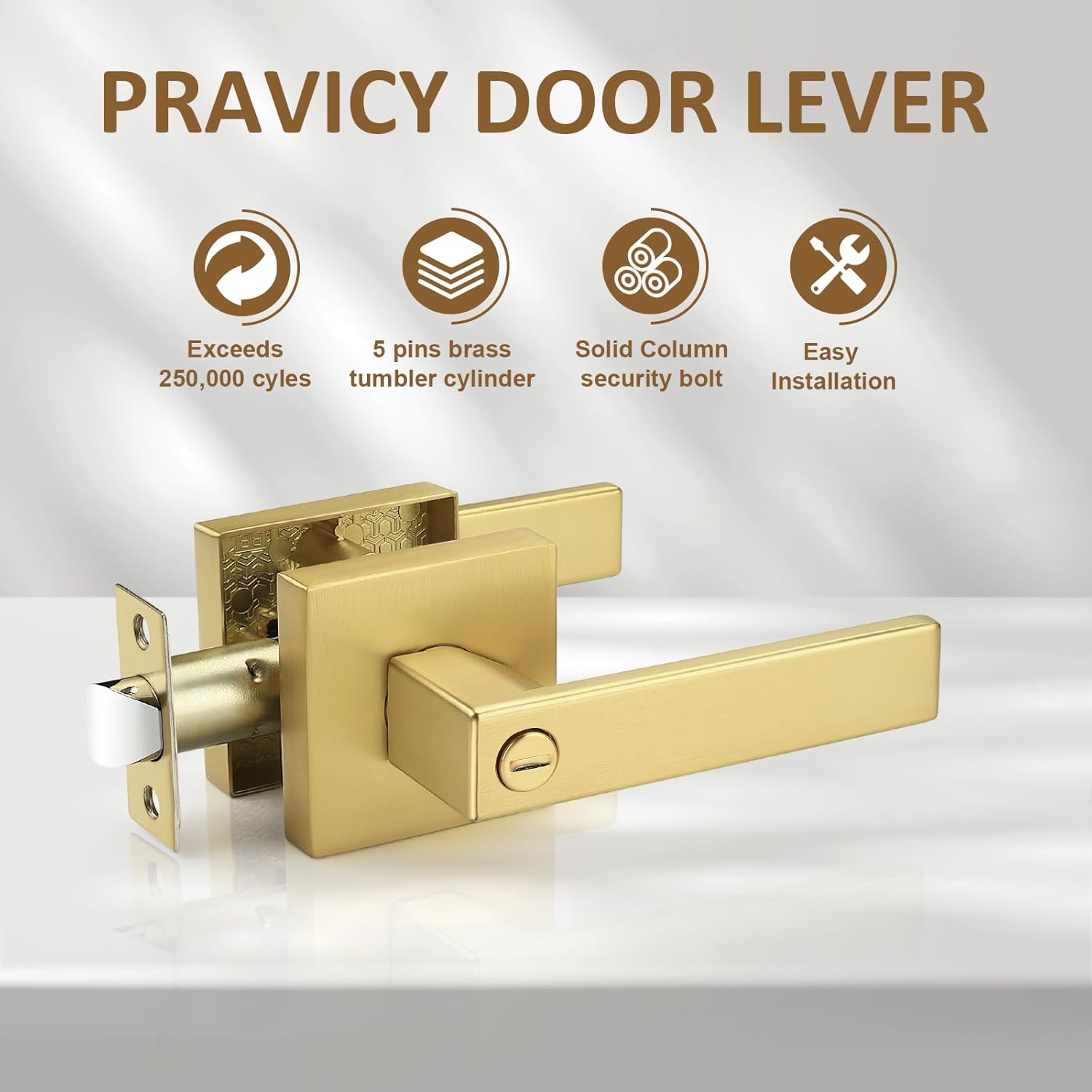 Probrico 4 Pack Gold Privacy Door Handles,Heavy Duty Satin Brass Door Knobs with Lock for Bedroom and Bathroom,Square Interior Keyless Locksets