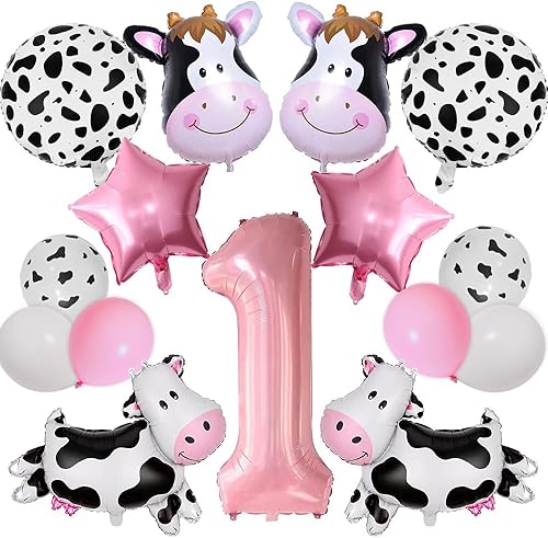 Globos de vaca, decoraciones de cumpleaños con texto en inglés "Holy Cow Im One", globos con estampado de vaca para niña, fiesta de primer