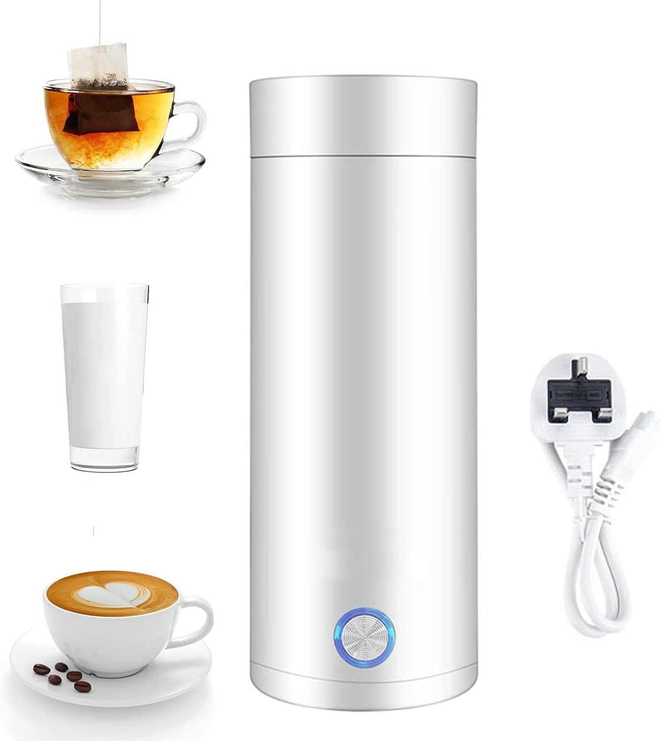 Portable Electric Kettle, 400ml Travel Tea Kettle with Non-stick Coating Double Wall Water Boiler Bottle Insulated Coffee Thermos Mug Fast Boil and Auto Shut Off Hot Water Heater (White)