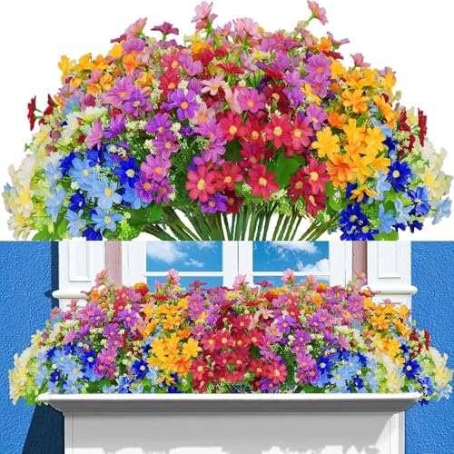 12 Bundles Artificial Fake Flowers for Outdoor Decoration,Shyshining UV Resistant Faux Plastic Fabric Greenery Shrubs Plants Fake Flowers Hanging Planter Kitchen Home Garden Wedding Decor(Six Colors)