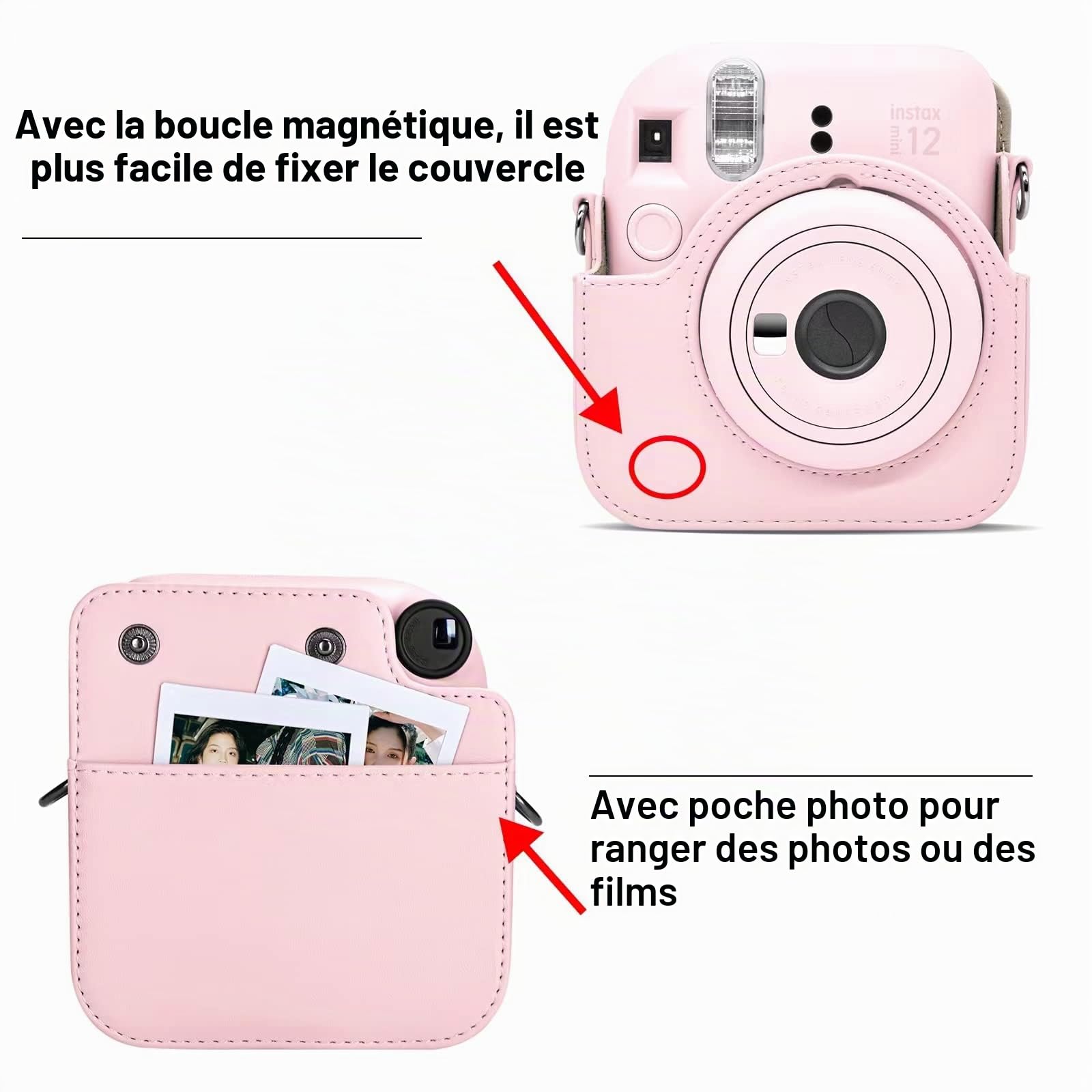 MUZIRI KINOKOO Housse Instax Mini 12 - Cuir PU Étui de Protection pour Fuji Instax Mini 12 Appareil Photo - avec Pochette Photo Stocker des Films ou Photos - Bandoulière Réglable - Rose