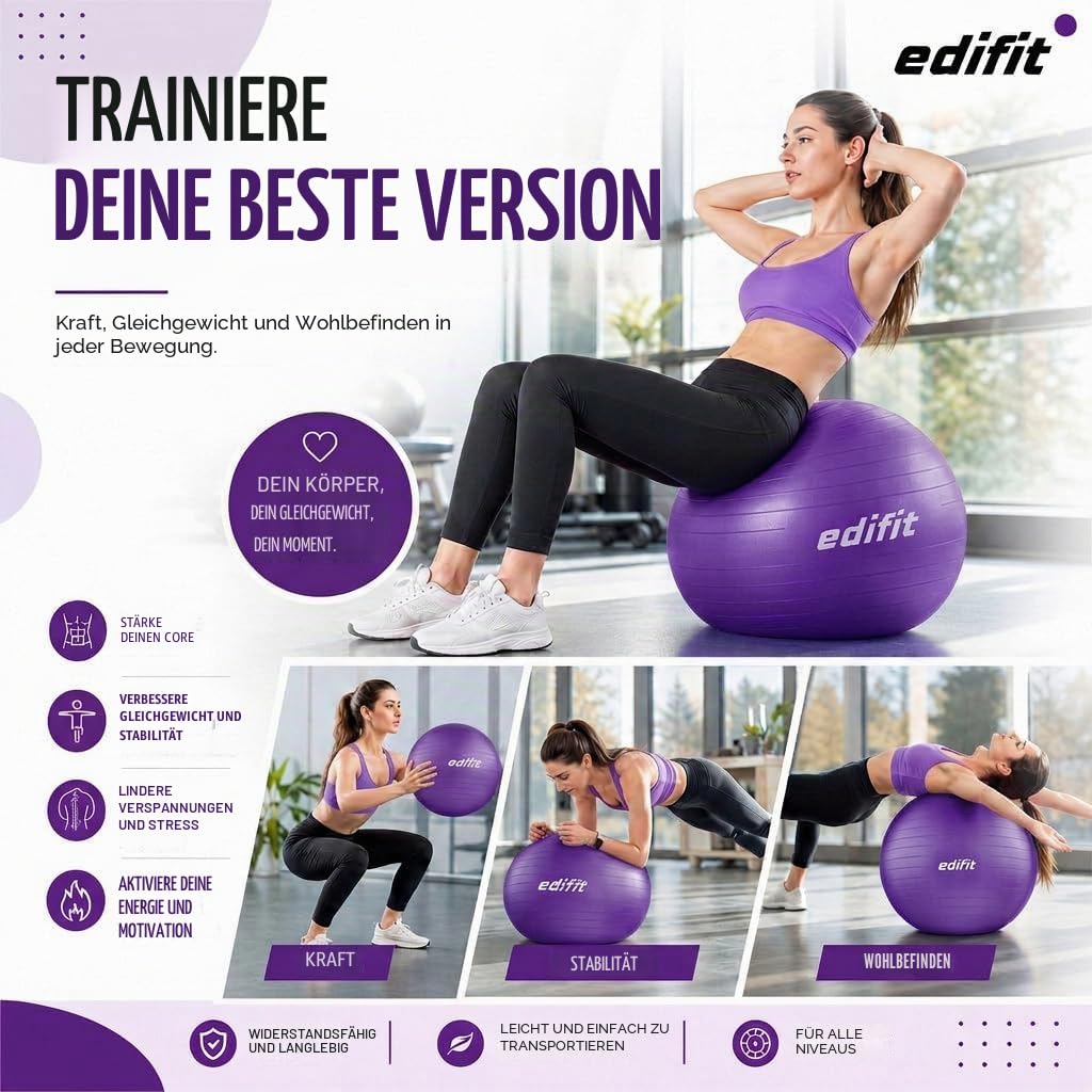 EDIFIT, Gymnastikball, 55, 65 und 75, Pezziball, Einschließlich Inflator, Pilates Ball, Sitzball, Pilates, Yoga Ball, Gymnastik