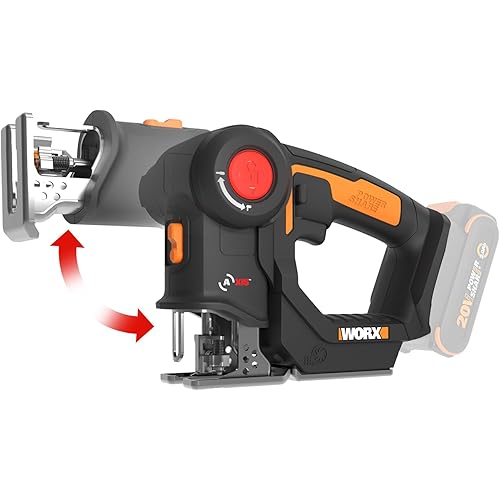 WORX Cordless Reciprocating Saw&Jigsaw, 20V ¾" 2-in-1 Saw, ¾" Stroke Length, 2-in-1 functions, 4 Blades for Different Materials, Compact&Lightweight Design, Tool Only, PowerShare