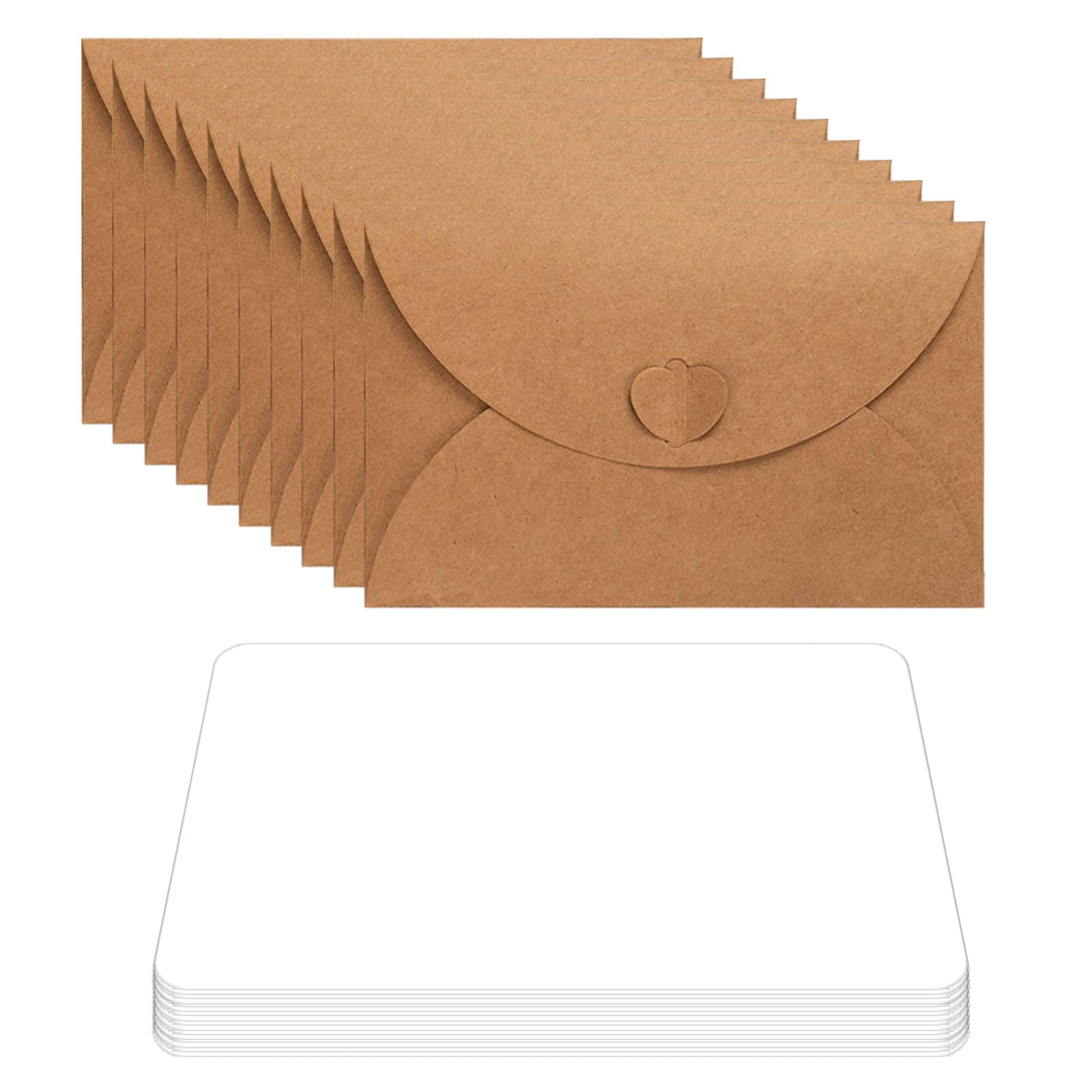 PLUSHCEWT 25 Pcs Mini Kraft Envelopes with 25 Pcs Small Blank Cards Set-300gsm 10.3x7cm Small Brown Envelopes with Heart Clasp for Greeting Invitation Birthday Wedding Gift Tag & DIY Thank You Card