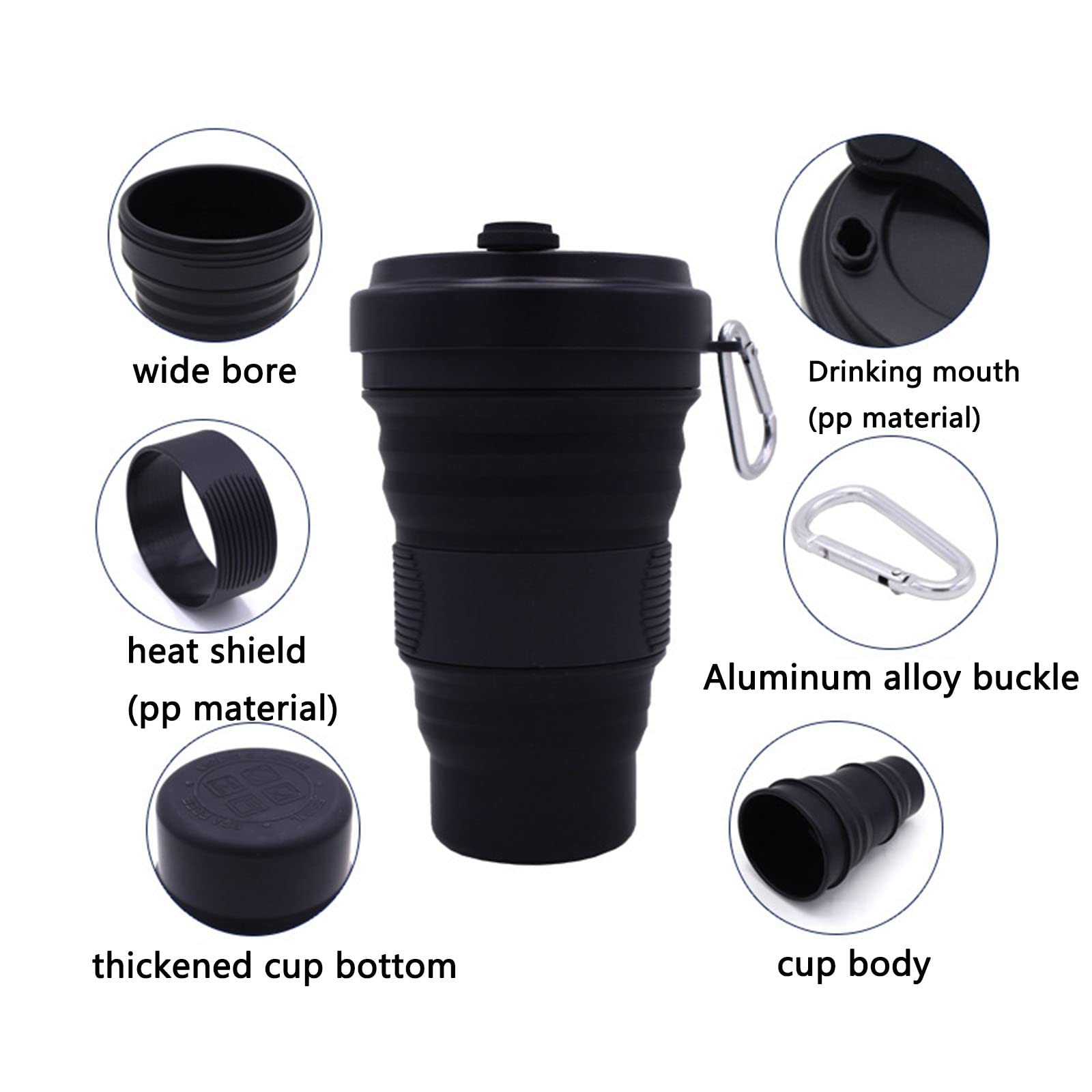 JUSHZ Trinkflasche Sport Wasserflasche Water Bottle Trinkflaschen Wasser Flasche Mädchen Auslaufsicher Kaffeetasse Faltbar Kieselgel Einziehbar Tragbar Hohe Kapazität (550ML,black)