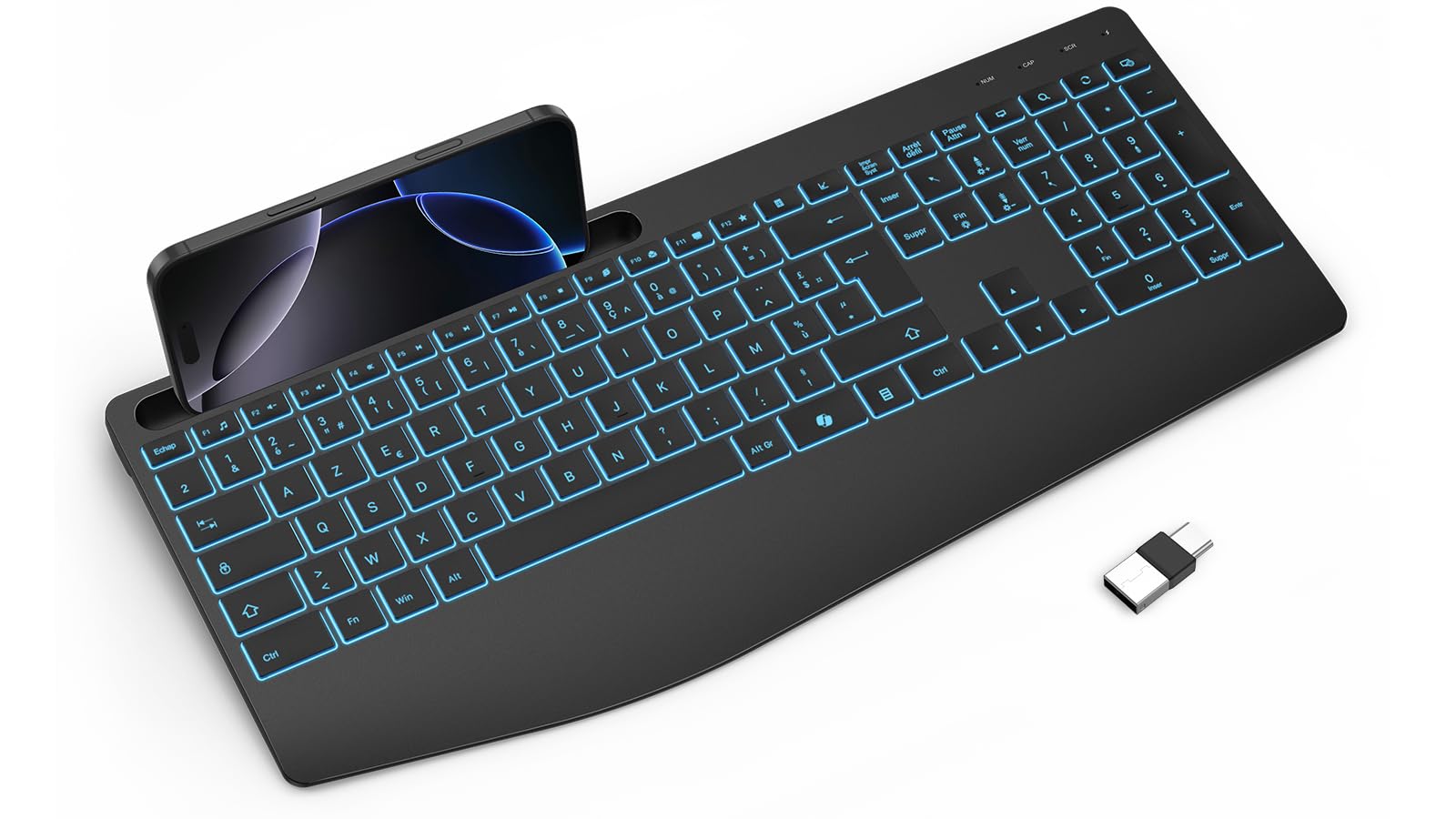 TECURS Clavier sans Fil 2,4 GHz AZERTY Français avec Repose-Poignet, Noir