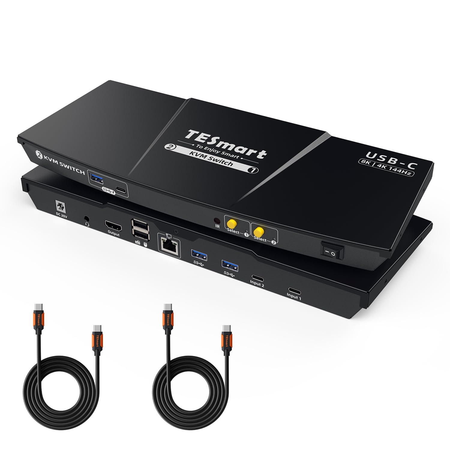 TESmart Commutateur KVM USB-C 8K @ 60 Hz 2 PC 1 moniteur, commutateurs KVM USB 3.0 4K @ 144 Hz, charge de type C 60 W pour ordinateur portable, émulateur Ethernet EDID 1G Hotkey Switch, puce ADI pour
