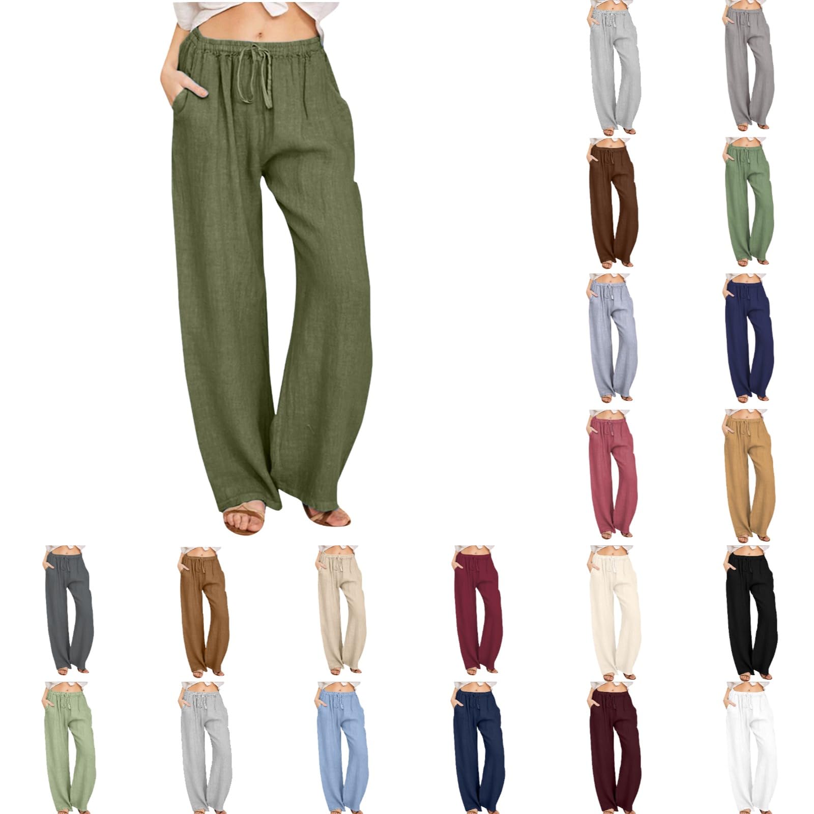 Womens Linen Pants Elastic High Waist Drawstring Wide Leg Trendy Casual Pants Loose Fit Palazzo Trousers with Pockets