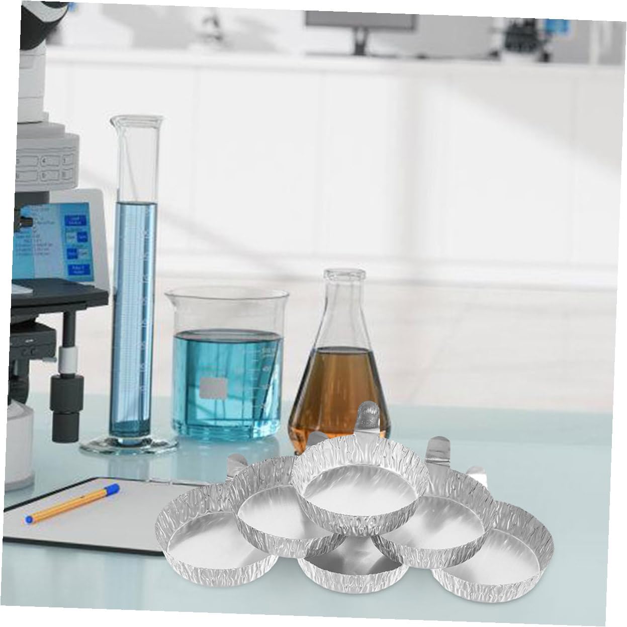 Platos De Pesaje Para Laboratorio 200 Unidades, Bandejas De Aluminio Asas, Diámetro 60mm (42ml), Diseño Compacto Para Medición Precisa De Sustancias Químicas y Polvos