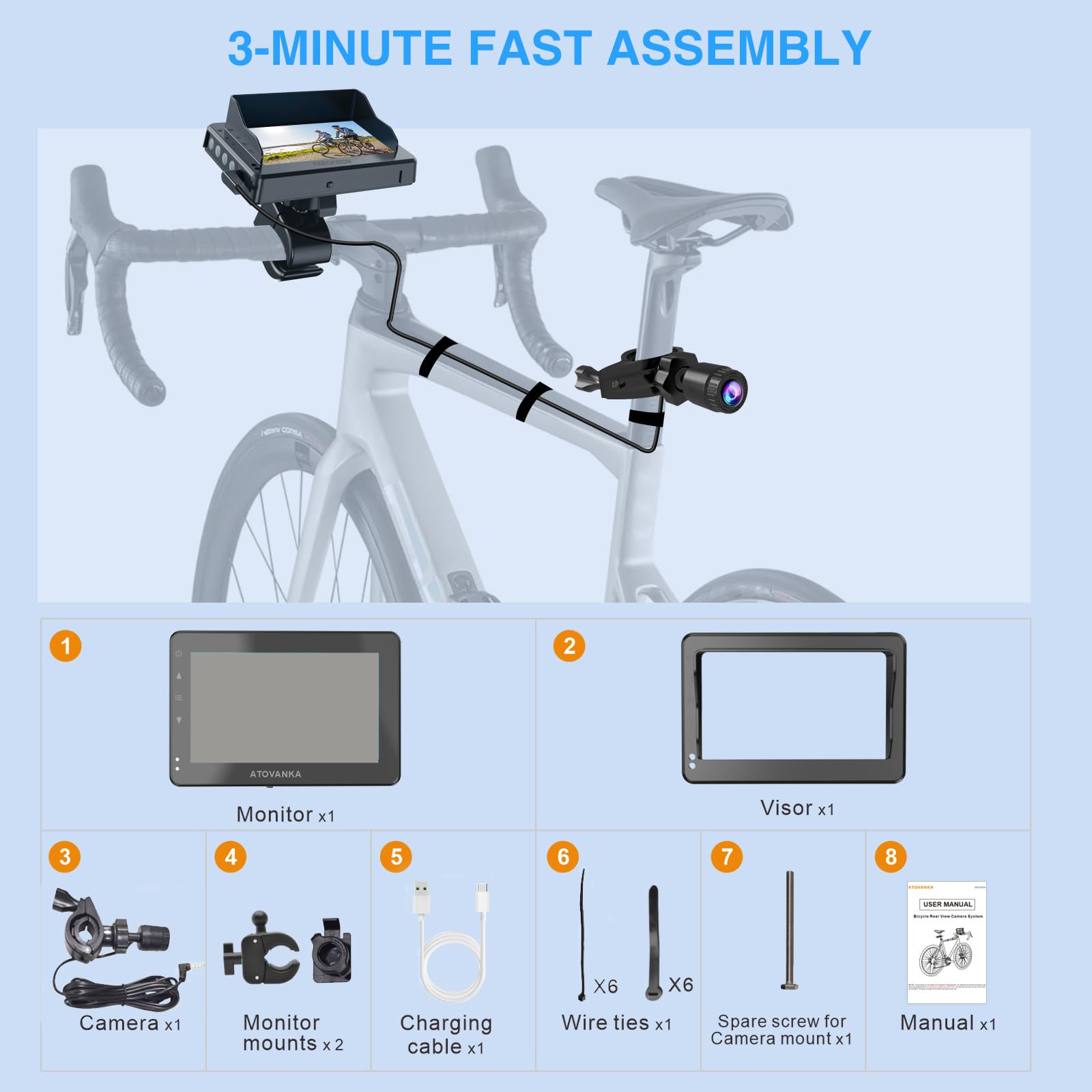 PARKVISION Specchio Retrovisore per Bicicletta con Telecamera Posteriore - 4 Angoli Regolabili (120°/100°/80°/60°), Batteria 10000 mAh, Schermo 4.3", Antivibrante - Sicurezza per Ciclisti