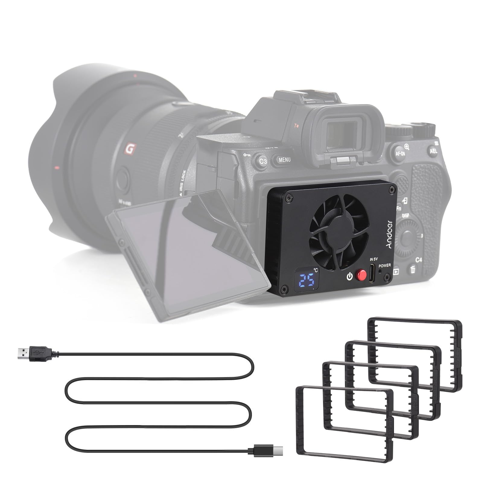 Andoer FS-04A Kamera-Lüfter, externes Kühlsystem mit Temperatureinstellung, OLED-Display, 4 Stück Montageadapterplatten für Sony A7M4/ZVE1/A6700/A7C2/A7S3, für Canon R5/R6/R7, für Fujifilm XT4-Kameras