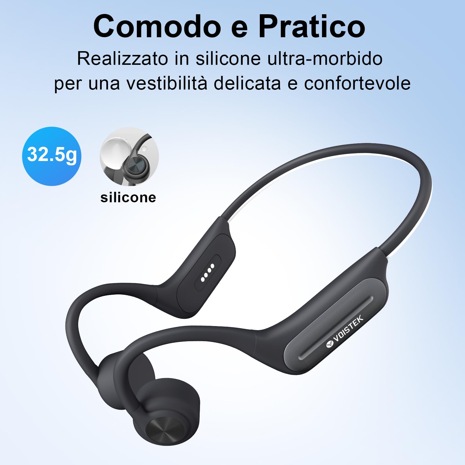 Voistek Cuffie Conduzione Ossea Bluetooth, Auricolari Sportivi Open Ear Wireless IPX8 Impermeabili con Lettore MP3 Integrato da 32GB, Cuffie per Corsa, Ciclismo, Fitness e Guida (Grigio)