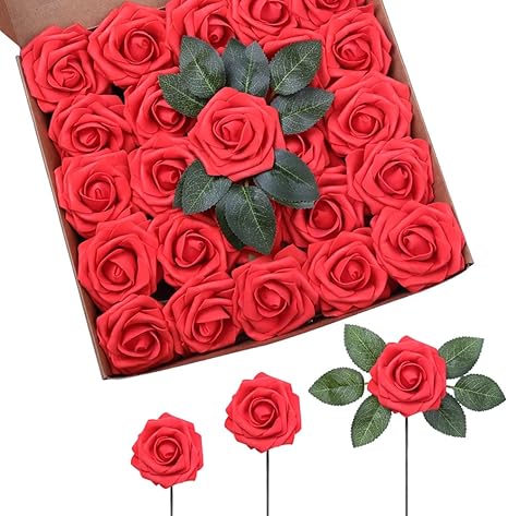 Amazon Com Red Roses 人造花 Ipopu 25 件珊瑚紅假玫瑰 仿真泡沫玫瑰 附莖 適用於diy 婚禮花束 中心裝飾品 派對 新生兒派對 家居裝飾和禮物 珊瑚紅 居家與廚房