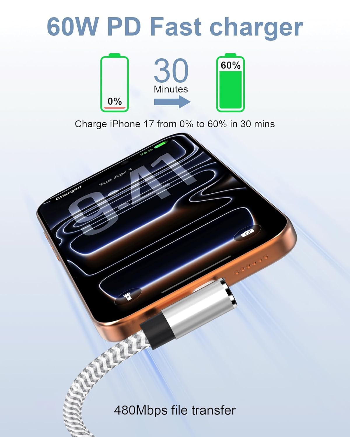 Cable USB C a USB C de 60 W, 2 unidades, 6 pies, cable de carga rápida tipo C a C para iPhone Air serie 17/16/15, cargador de teléfono lateral en ángulo recto para Samsung Galaxy Ultra S25/S24/S23