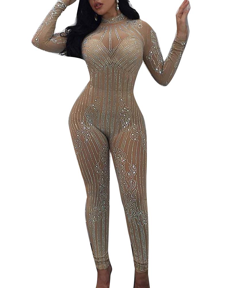 Wenchuang Womens Long Sleeve See Through Mesh Rhinestone Sparkly Bodycon Jumpsuit Clubwear Apricot L