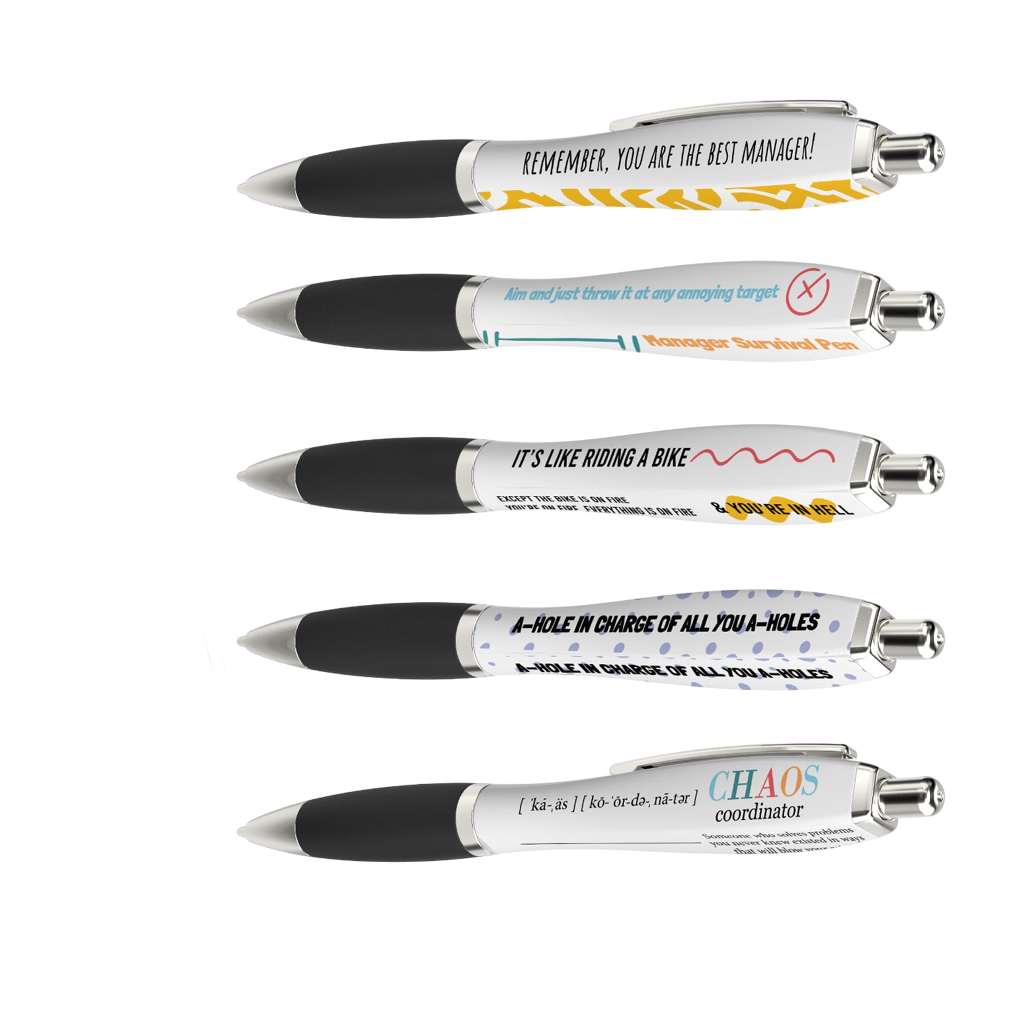 ANINKABOVE Chaos Coordinator Gifts - Funny Manager Pen 5 Pack – Snarky Ballpoint Pens– Sarcastic Office Gift for Manager – Motivational Pen Set