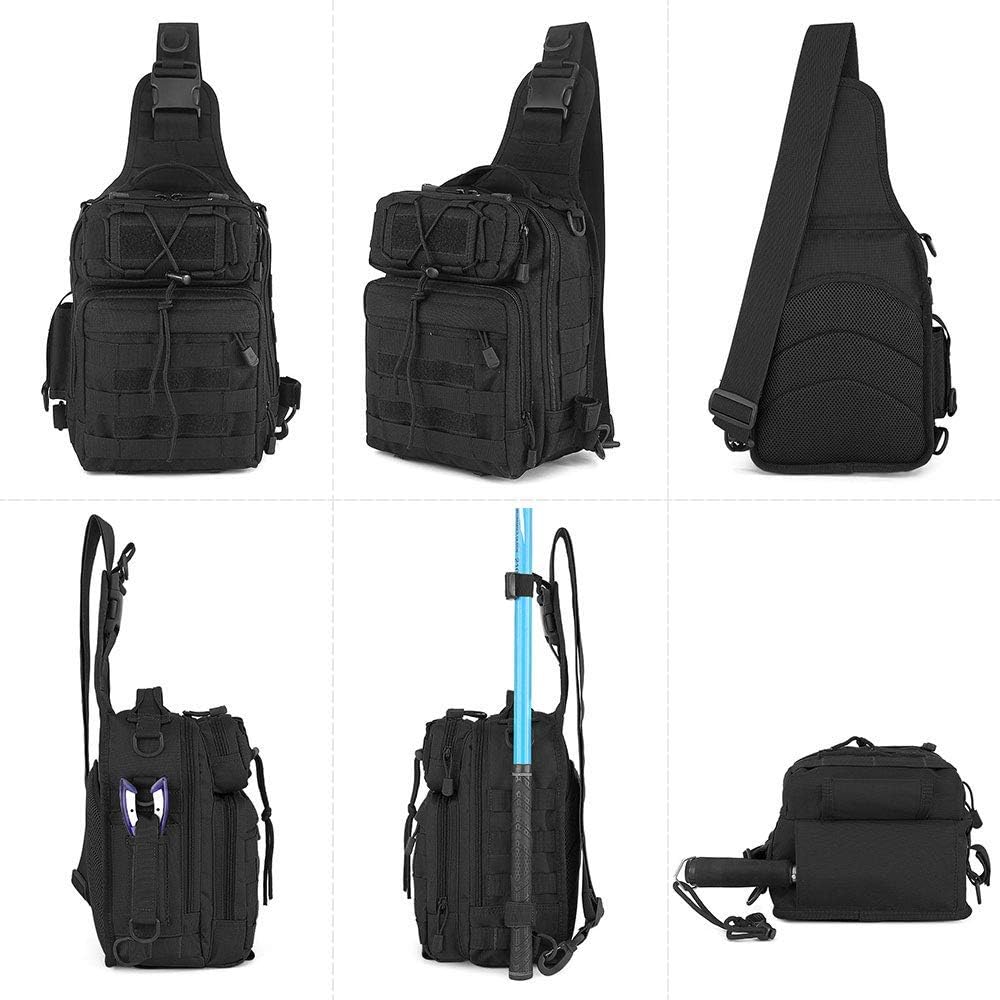 HUNTVP Taktisch Schultertasche Militär Brusttasche Wasserdicht Sling Rucksack Crossbody Bag Multifunktion mit Verstellbar Schultergurt für Sport Angeln Outdoor, Schwarz