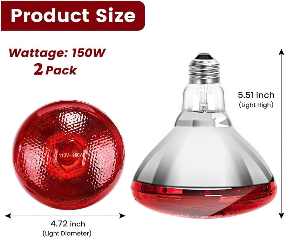 DaToo Infrared Heat Lamp Bulb for Chickens Red Heat Lamp Flood Light Heat Lamp Bulb 150 W Heating Bulbs for Brooder Coops Pets Chicks Reptiles Food Service (2 Pack)