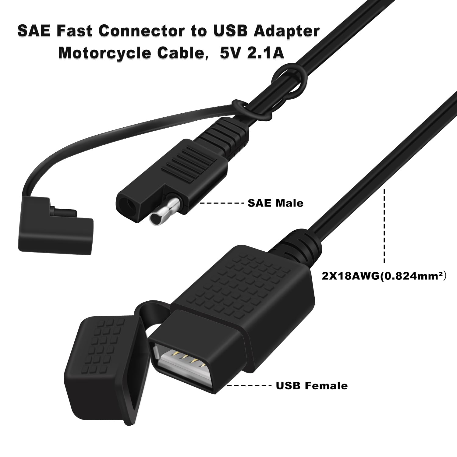 SAE auf USB Kabel 18AWG 5V 2.1 A Adapter SAE 2 pin zu USB mit Wasserdichter Abdeckung für Telefon, Tablet, GPS Ladegerät (Anschluss 1, 1m)