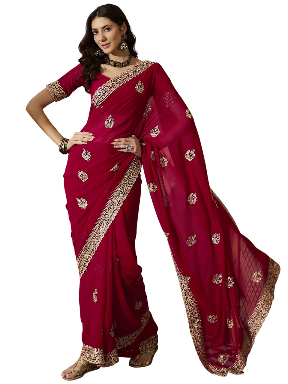 maroosh Women'S Red Color Georgette Zari Embroderied & Leaf Butta With Heavy Embellishment Ceroski Daimond Work Saree (MRSSKTGRG8270A)-picture-25