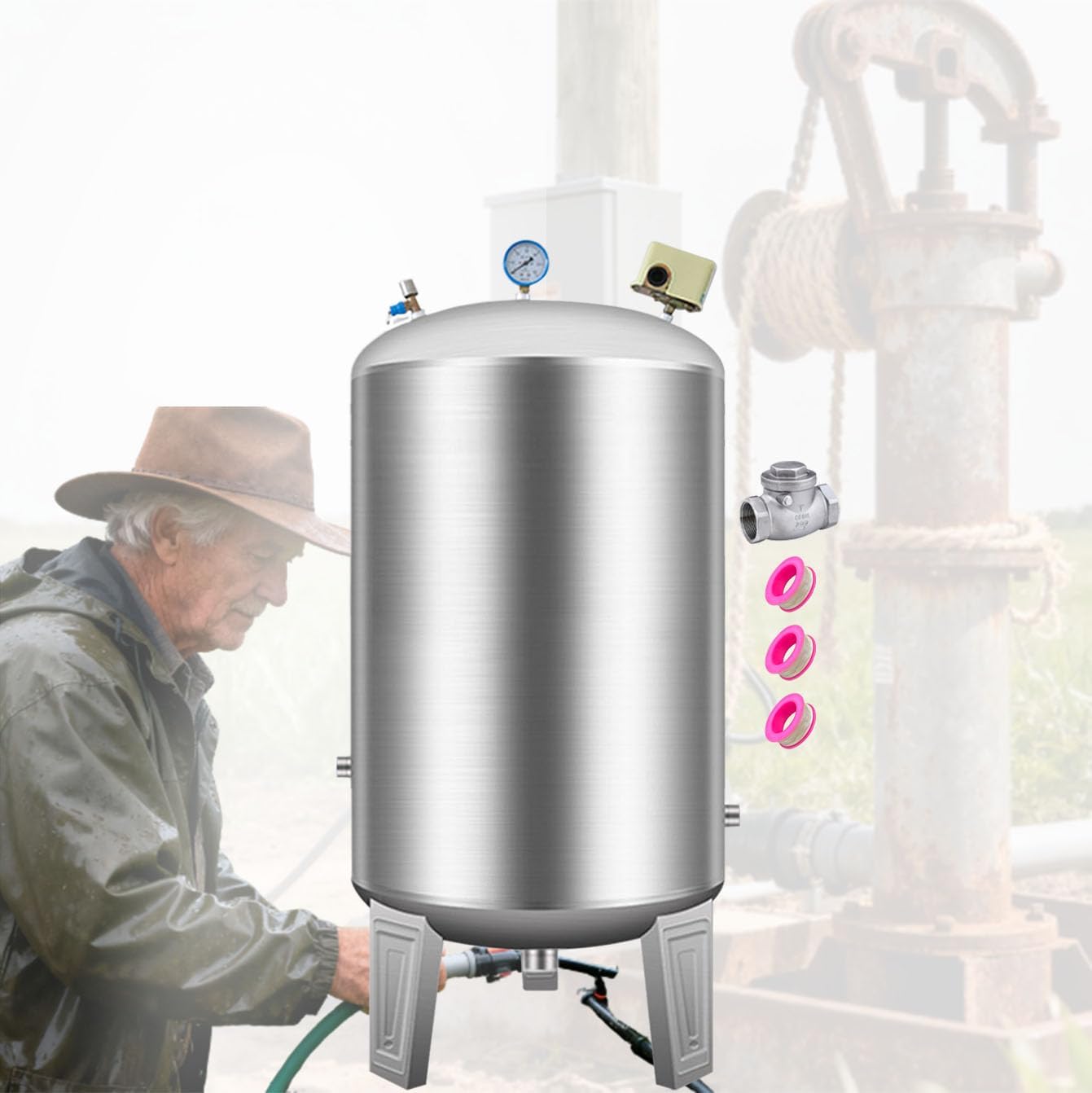 1" NPT Well Pressure Tank 65 Gallon, Stainless Steel Water Storage Tank/Vertical Water Pressurized Container for Well Systems & Pump, Outdoor/Garden/Farm/Basement (250L/65Gal)