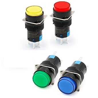 KAMCON? 16mm Push Button Switch Momentary Round Cap LED Lamp Red, Yellow,Blue,Green Light DC 24V SPDT 5 Pin (1 Set of RBGY)
