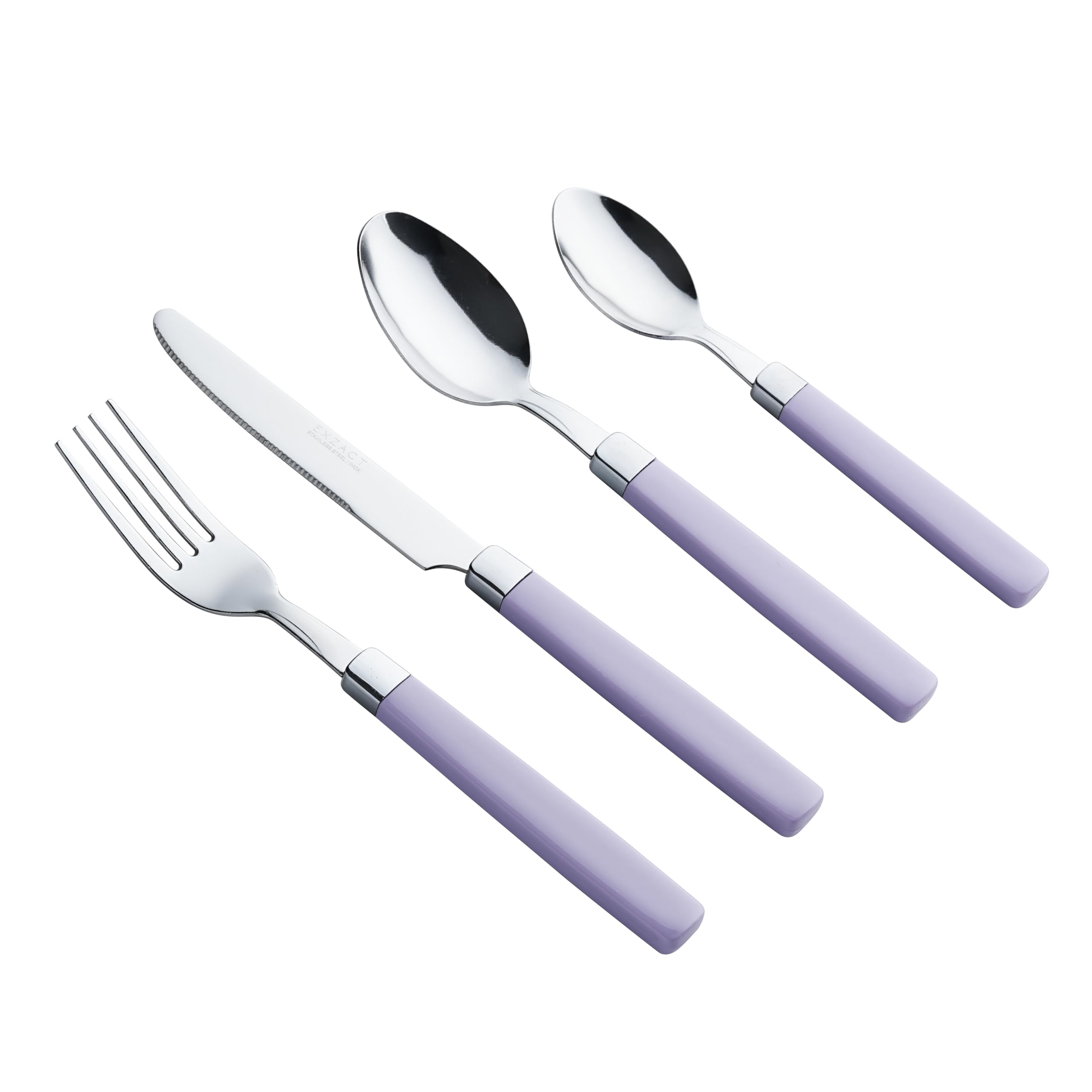 EXZACT Juego de cubiertos de acero inoxidable, 16 piezas, asas de colores, 4 tenedores, 4 cuchillos, 4 cucharas de mesa, 4 cucharas de té