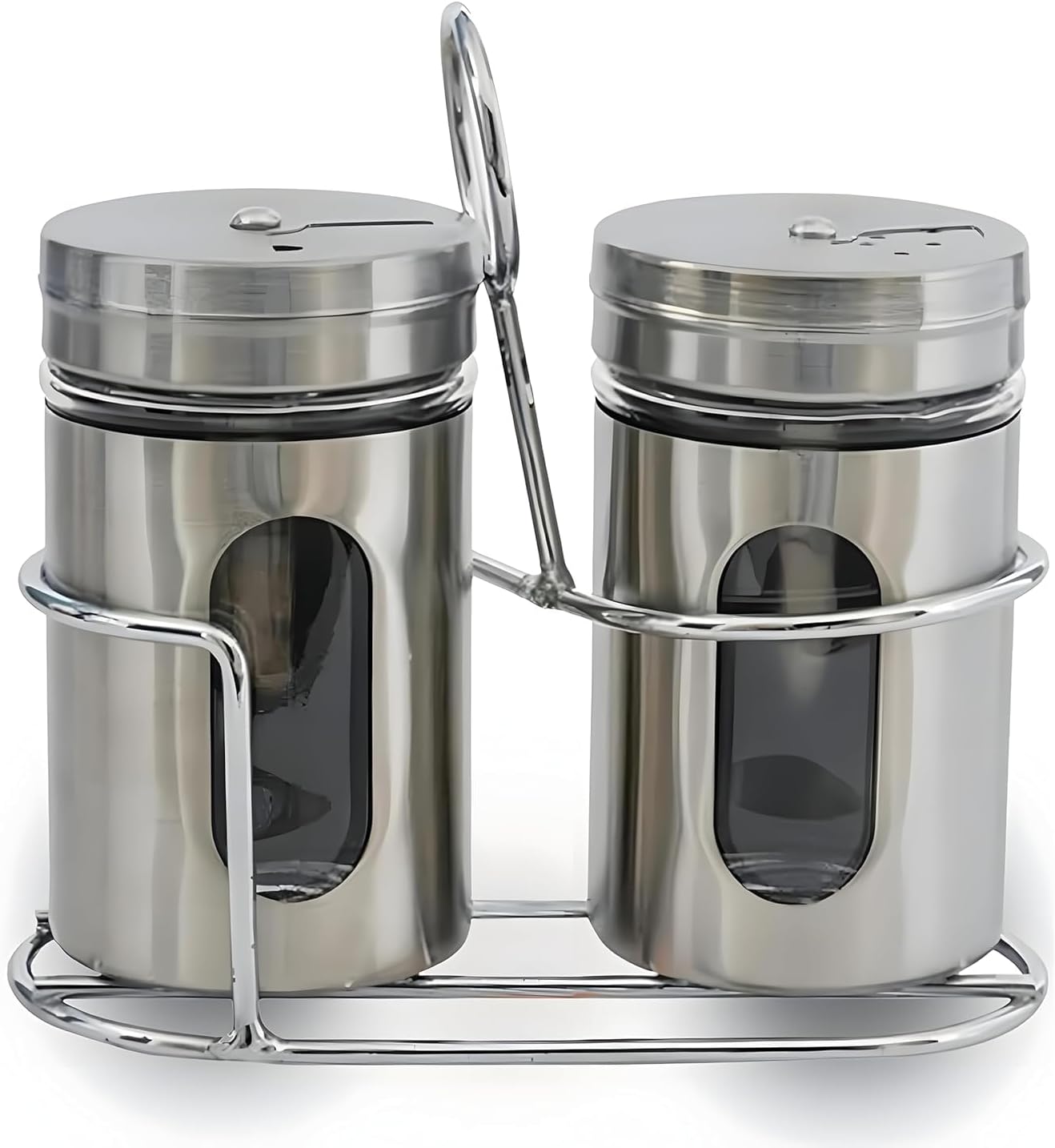 Spice Jar Stainless Steel & Glass with Holder Stand | Salt & Pepper Shaker| Oregano,Chilli Flakes, Sugar, Seasoning Sprinkler| Air Tight Container | Masala Box Dabbi Set of (1) (1)