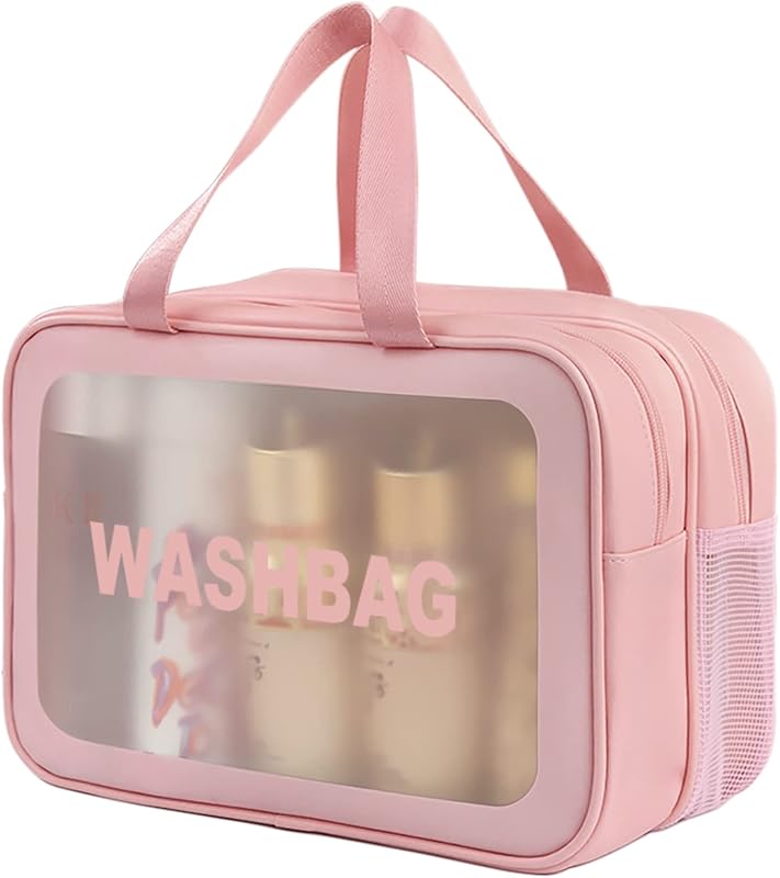 DAPOWER Travel Toiletry Bag for Women, Matte Translucent Toiletry Bag with Handy Handle, Makeup Cosmetic Organizer Bag for Travel Toiletries Accessories (Pink-XL)