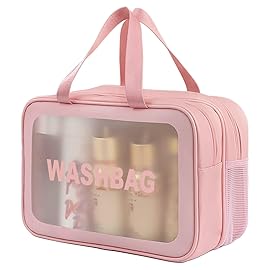 DAPOWER Travel Toiletry Bag for Women, Matte Translucent Toiletry Bag with Handy Handle, Makeup Cosmetic Organizer Bag for Travel Toiletries Accessories (Pink-XL)