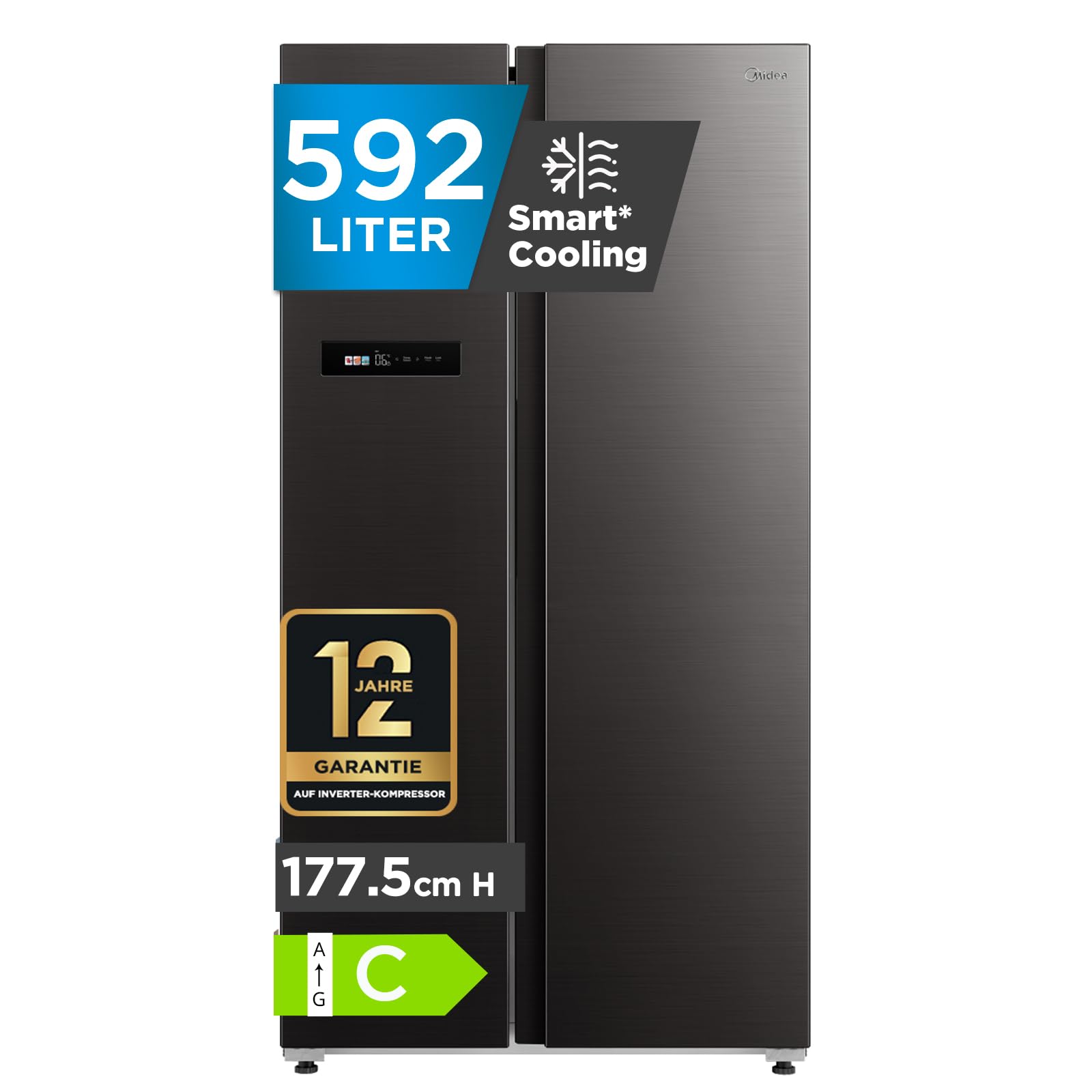 Midea MDRS791MIC28 Side-by-Side Kühl-/Gefrierkombination/No Frost/WiFi-Steuerung/Inverter Compressor/177,5 cm hoch/379 L Kühlen/213 L Gefrieren/Doppelte Steuerung/SuperCool/37dB, Jazz Schwarz
