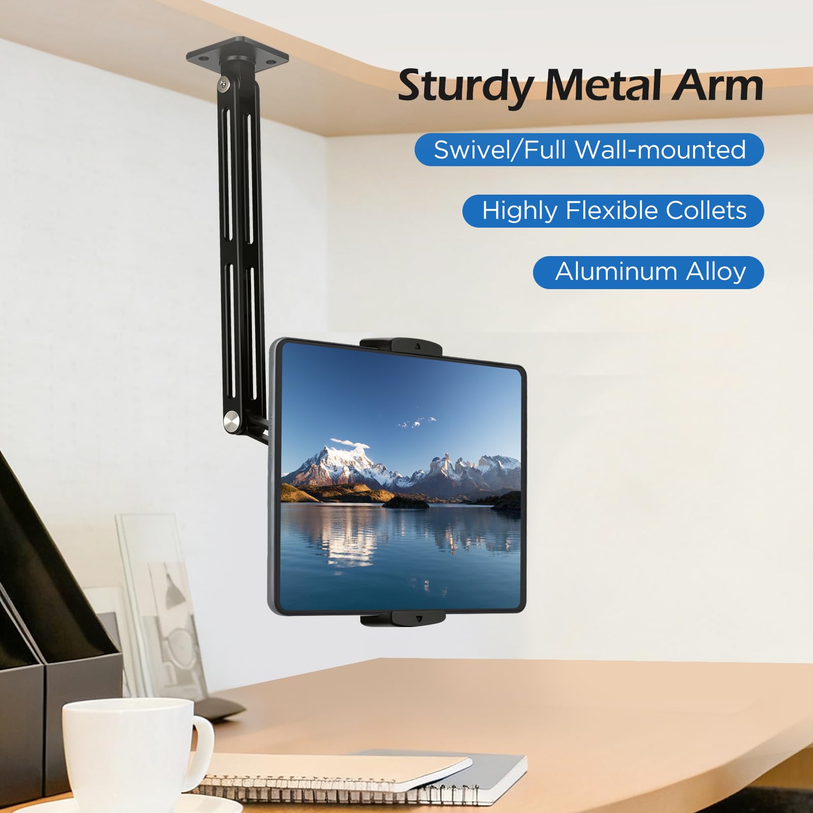 VINATO Supporto Tablet Muro Regolabile a 360° Allungabile in Alluminio Pieghevole per iPad Telefoni 4,7"-13" Nero