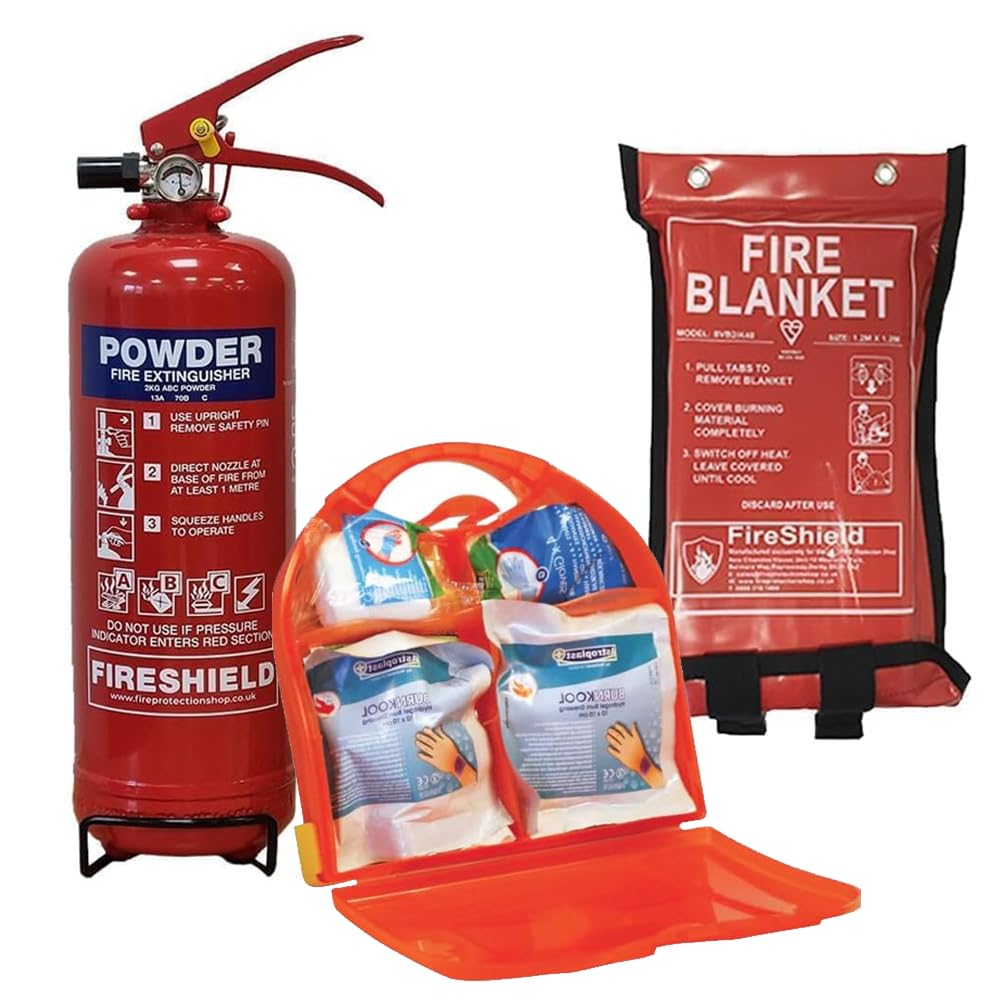 Kitchen Fire Extinguisher - 2kg Powder Fire Extinguisher Bundle (Fire Extinguisher, Burns Kit, Fire Blanket) - FireShield (Extinguisher, Burns Kit & Blanket)
