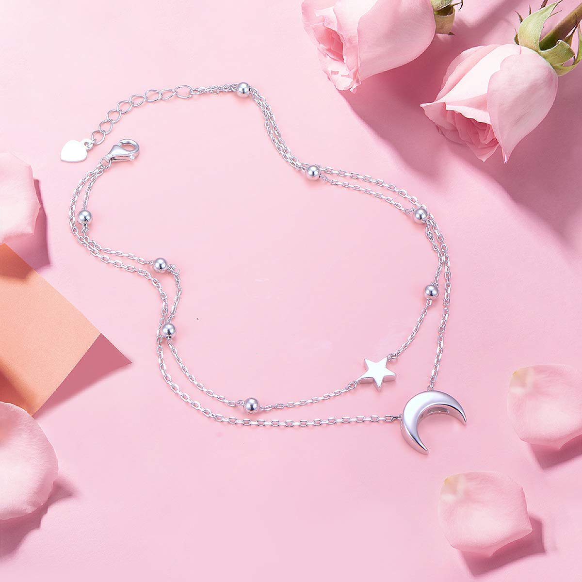 Cavigliera da donna in argento Sterling, girasole, tartarughe, ancora e luna, spiaggia, doppio strato con perle, regalo boho regolabile per ragazze, 9+1 inch, Argento sterling