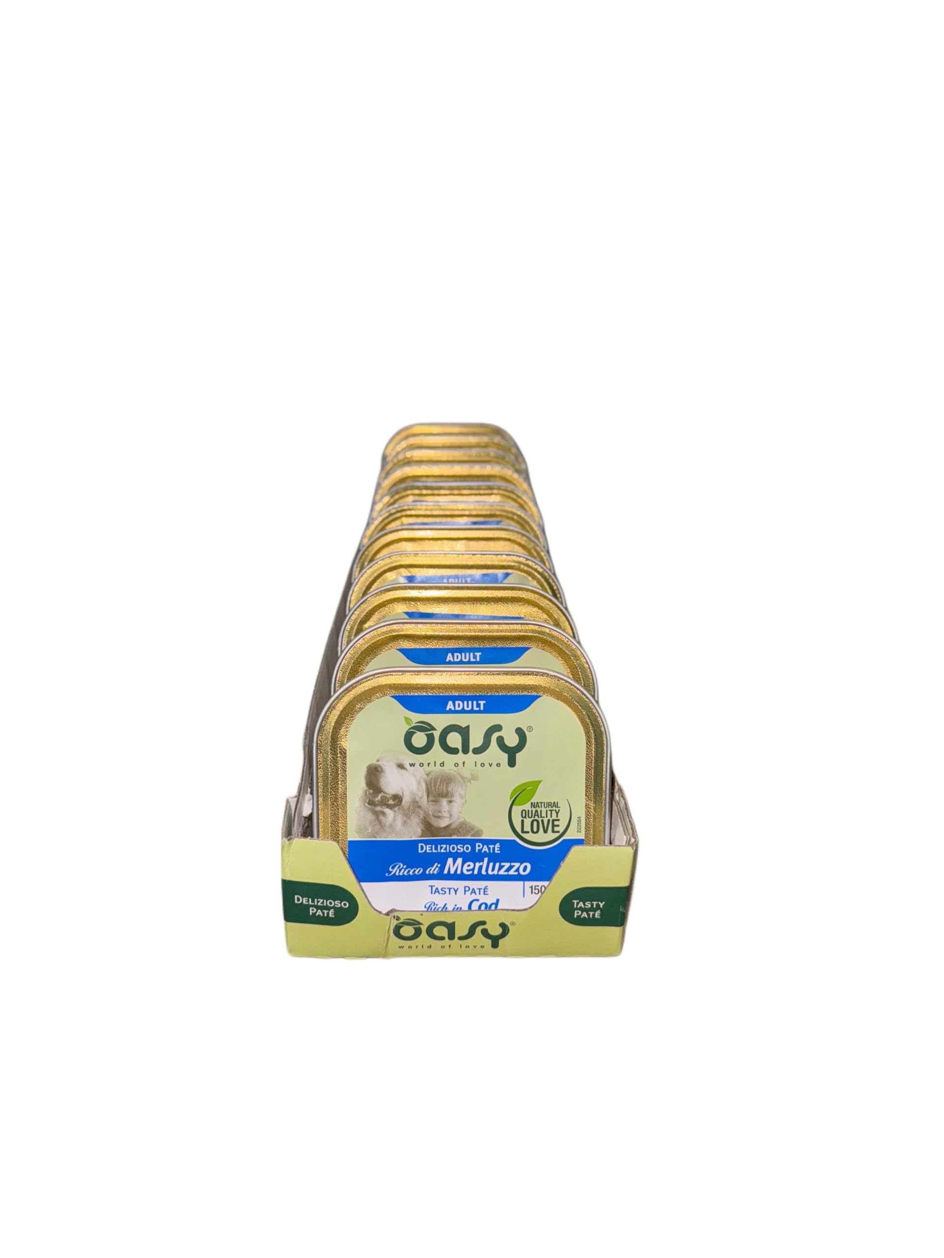 Oasy delizioso patè per cani adulti di tutte le taglie, gusto MERLUZZO | 11 vaschette da 150 grammi l'una.