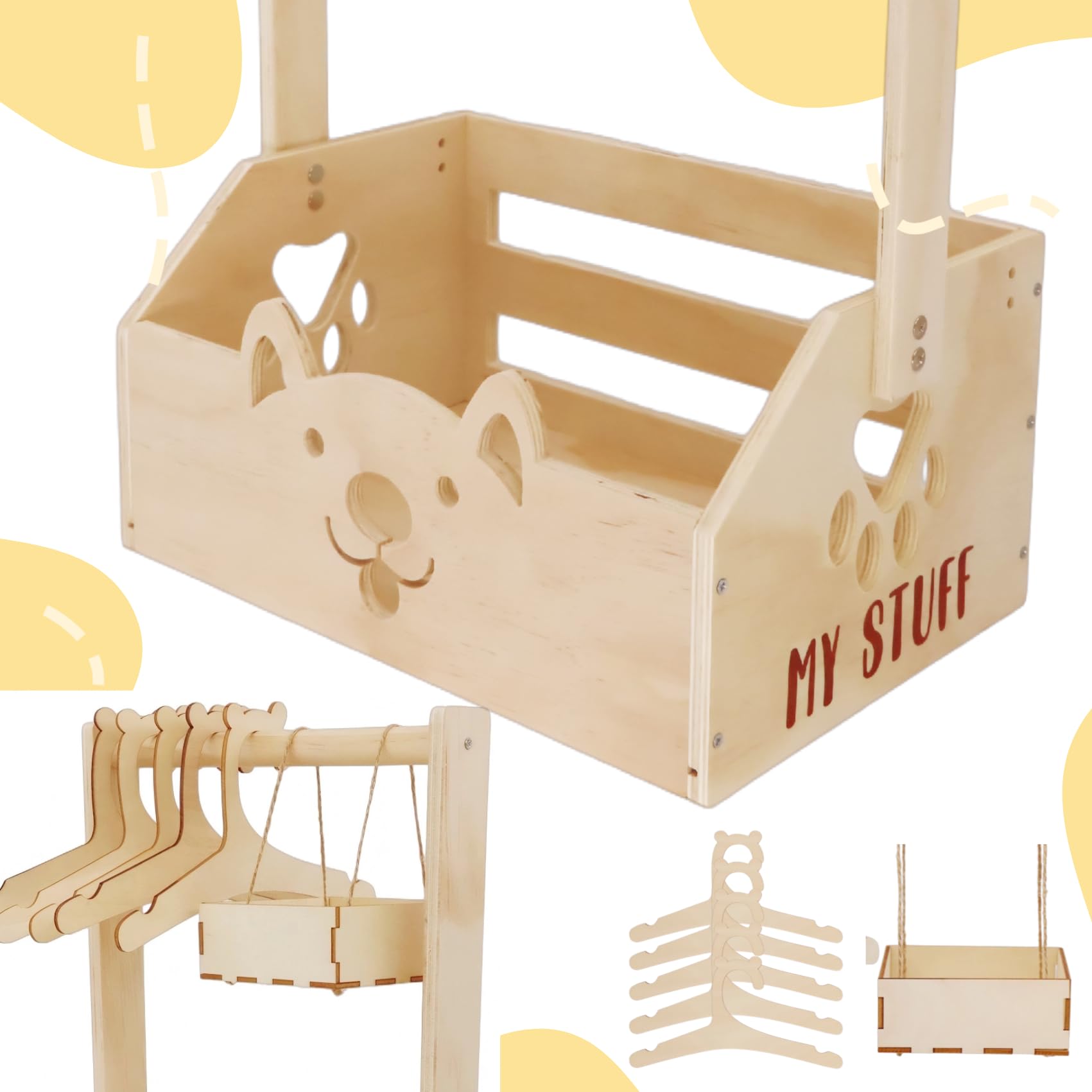 Panier cadeau en bois, baby shower en bois avec poignée, cintres pour enfants, guirlande et petit tiroir pour nouveau-né baby shower nouveaux parents (boîte en bois de roses blanches)