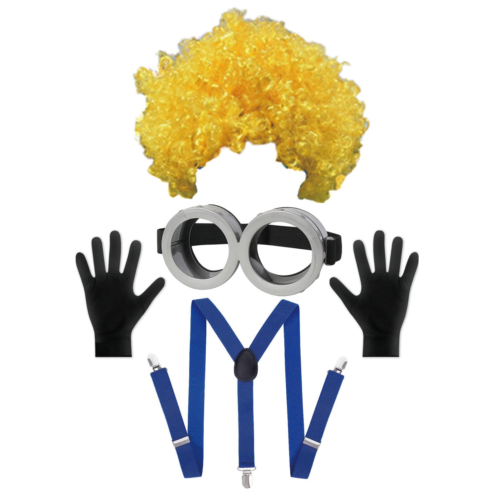 KFSCIP 4Pcs Yellow Halloween Costume Accessories Set, Yellow Outfit Accessories Fancy Dress Set for Themed Parties, Role Play Events and Stage Performances, Includes Goggles Hat Gloves Wig Strap Clip