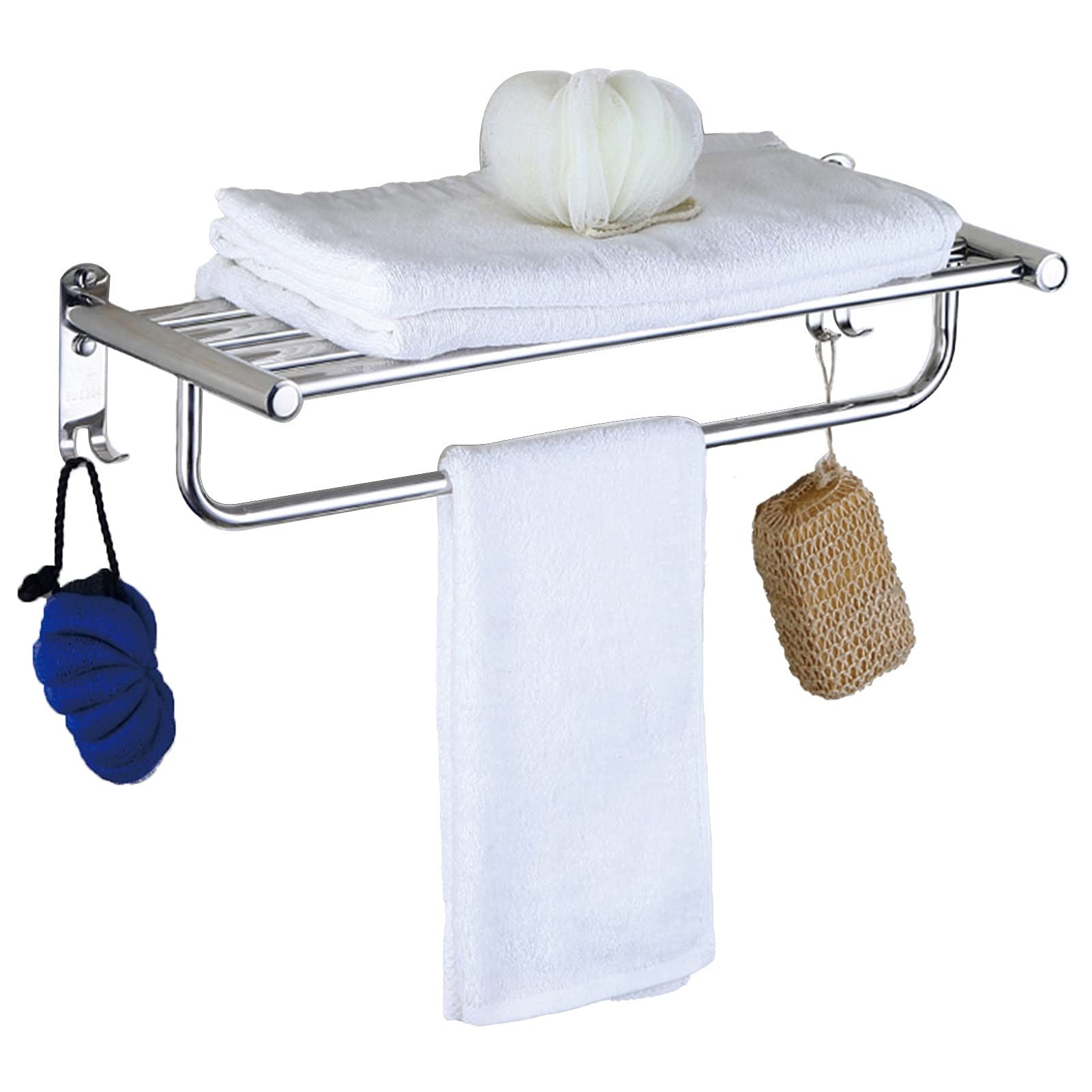 LMYSXAOZ Bath Towel Shelf, Small Size with Hook Storage Shelves, Wall Mounted SUS 304 Stainless Steel Rack Holder, 40cm-80cm, Polished Silve Finish (Size : 60cm)